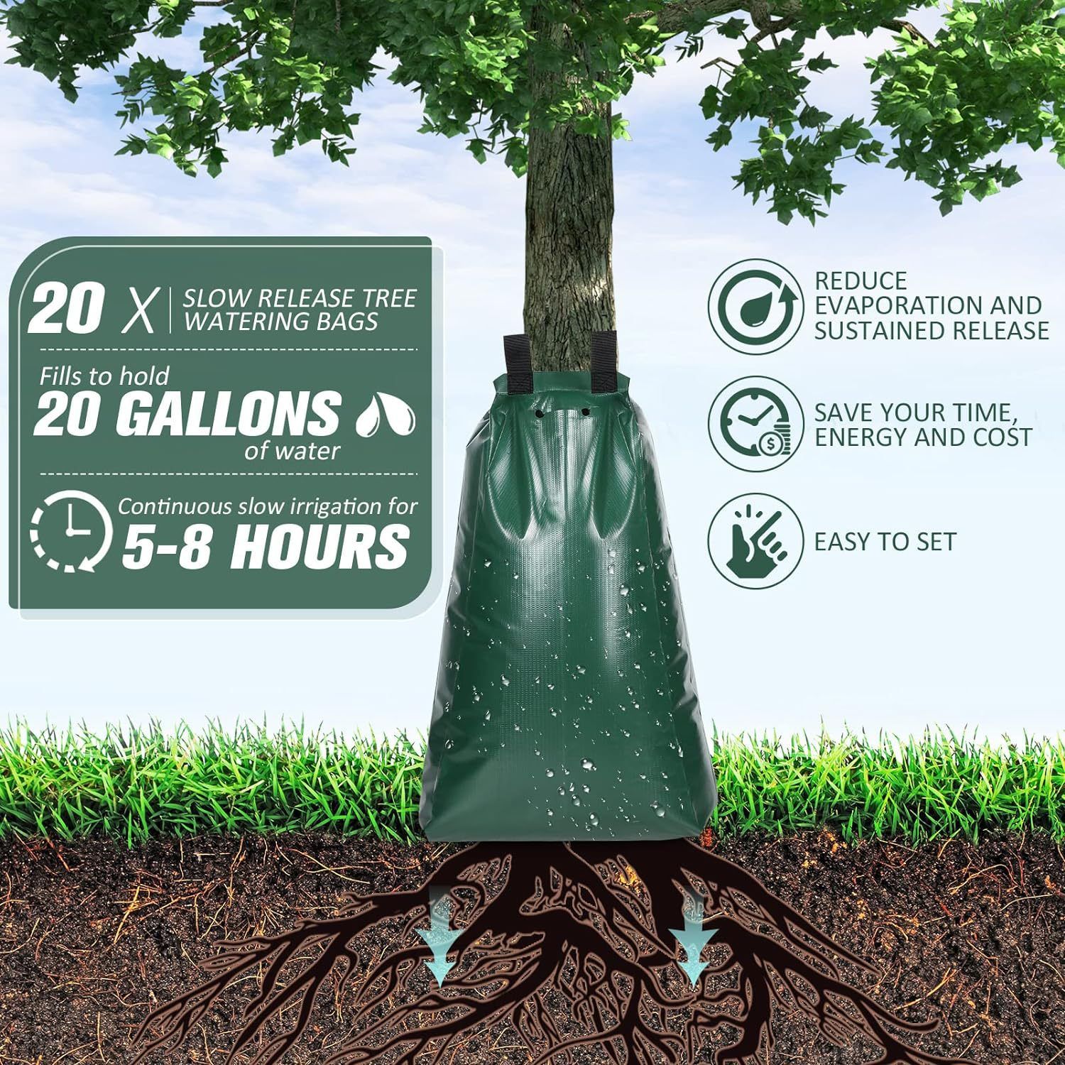 Tree Watering Bags Slow Release, 20 Gallon Drip Irrigation Bag Waterer Globe Soaker for New Plant Trees Trunk 。 (1 Pcs) - Image 2