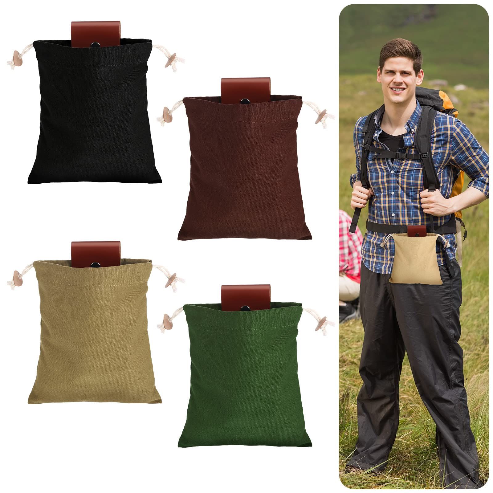 Foraging Bag 4 Pcs Canvas Waxed Foraging Pouch Mushroom Bags Collapsible Bushcraft Leather Pu Hunting Belt Bag Hiking Pouch for Outdoor Traveling Camping - Image 4