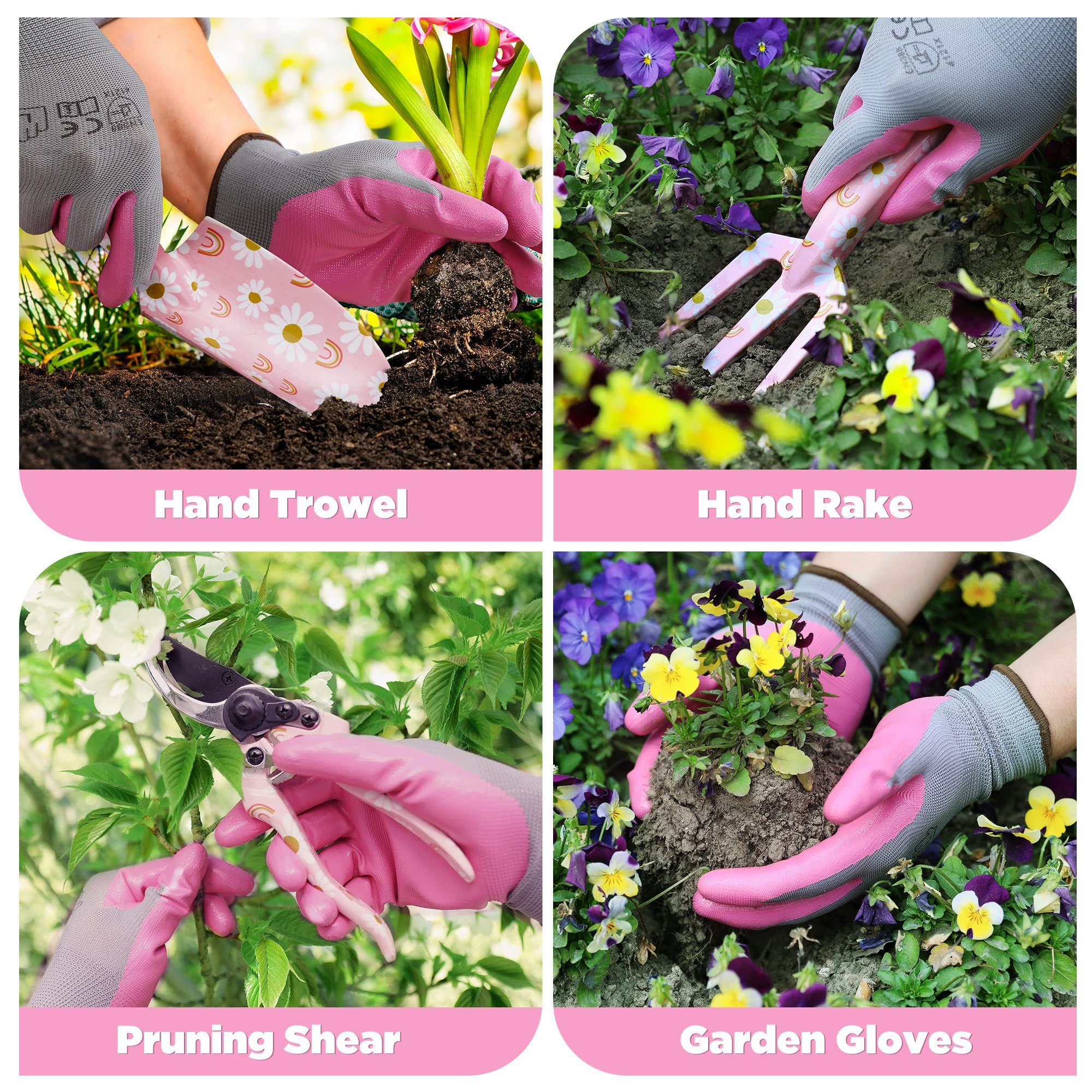 Garden Tool Set, 3PCS  Gardening Tools with Box Include Trowel, Rake, Pruner, Gloves, Pink, Gifts-Pink - Image 2