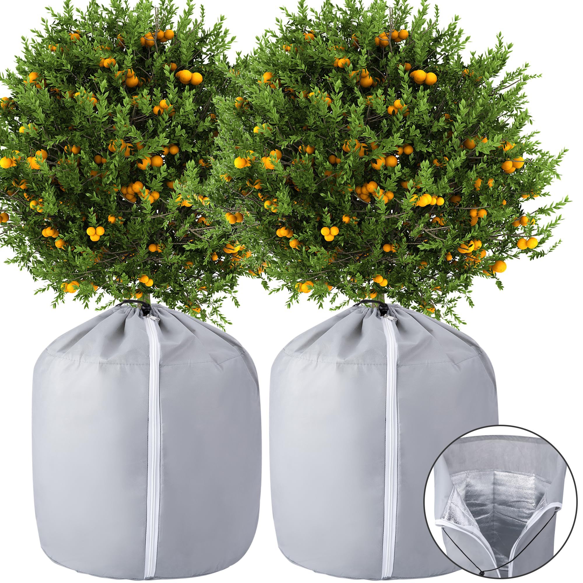 2Pcs Plant Winter Protection Pot - 45*50cm Flower Pot Protection Bag - Anti-Frost Winter Pot Plant Cover with Drawstring and Zipper for Winter Outdoor Fruit Trees Potted Plants Shrub(gray) - Image 1