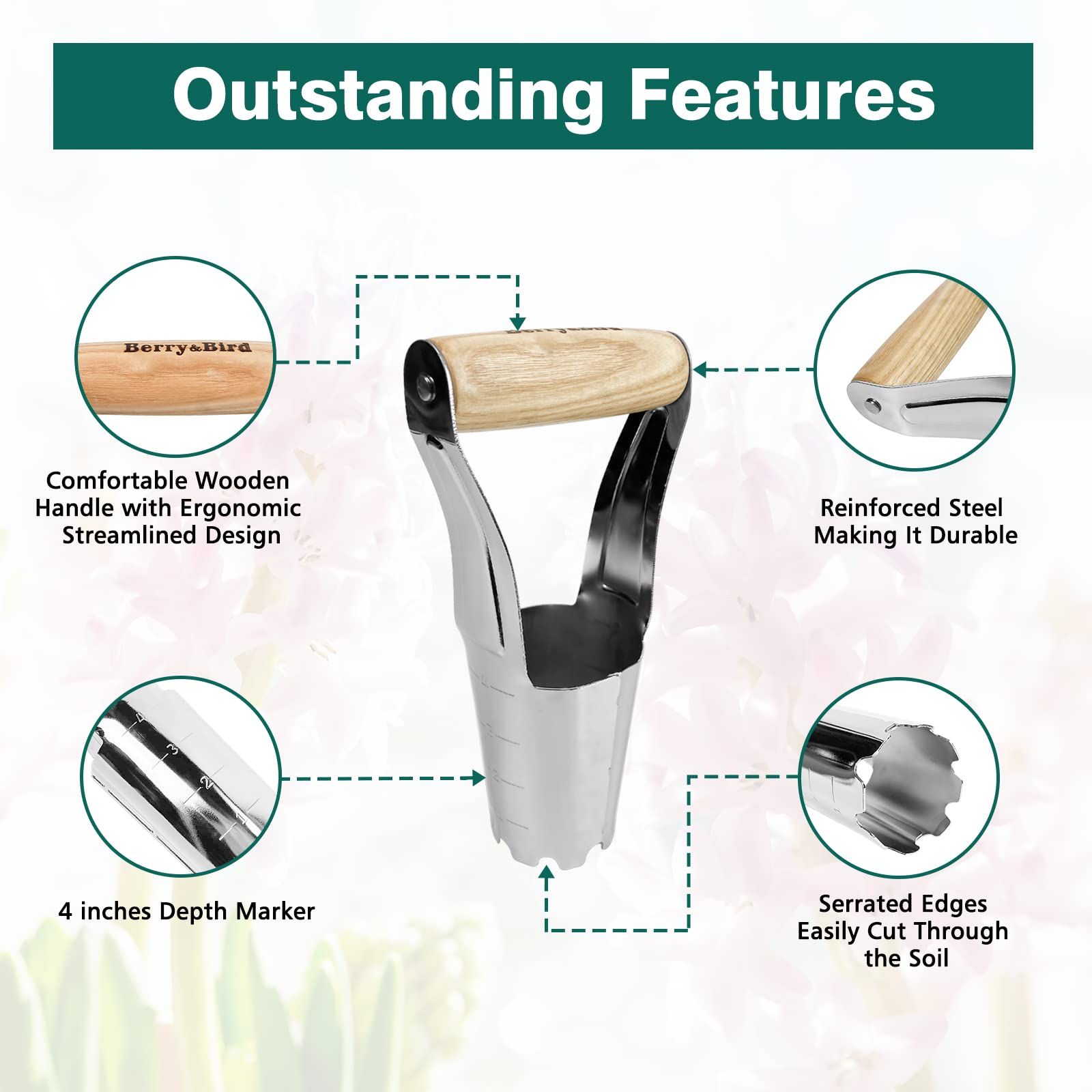 Steel Bulb Planter Tool for Planting Bulbs - High Carbon Steel & Comfortable Wood Carved Handle - Depth Marker for Consistent Planting Flowers Tulips, Daffodils, Dahlias (2pcs，24*11.5*6cm) - Image 3