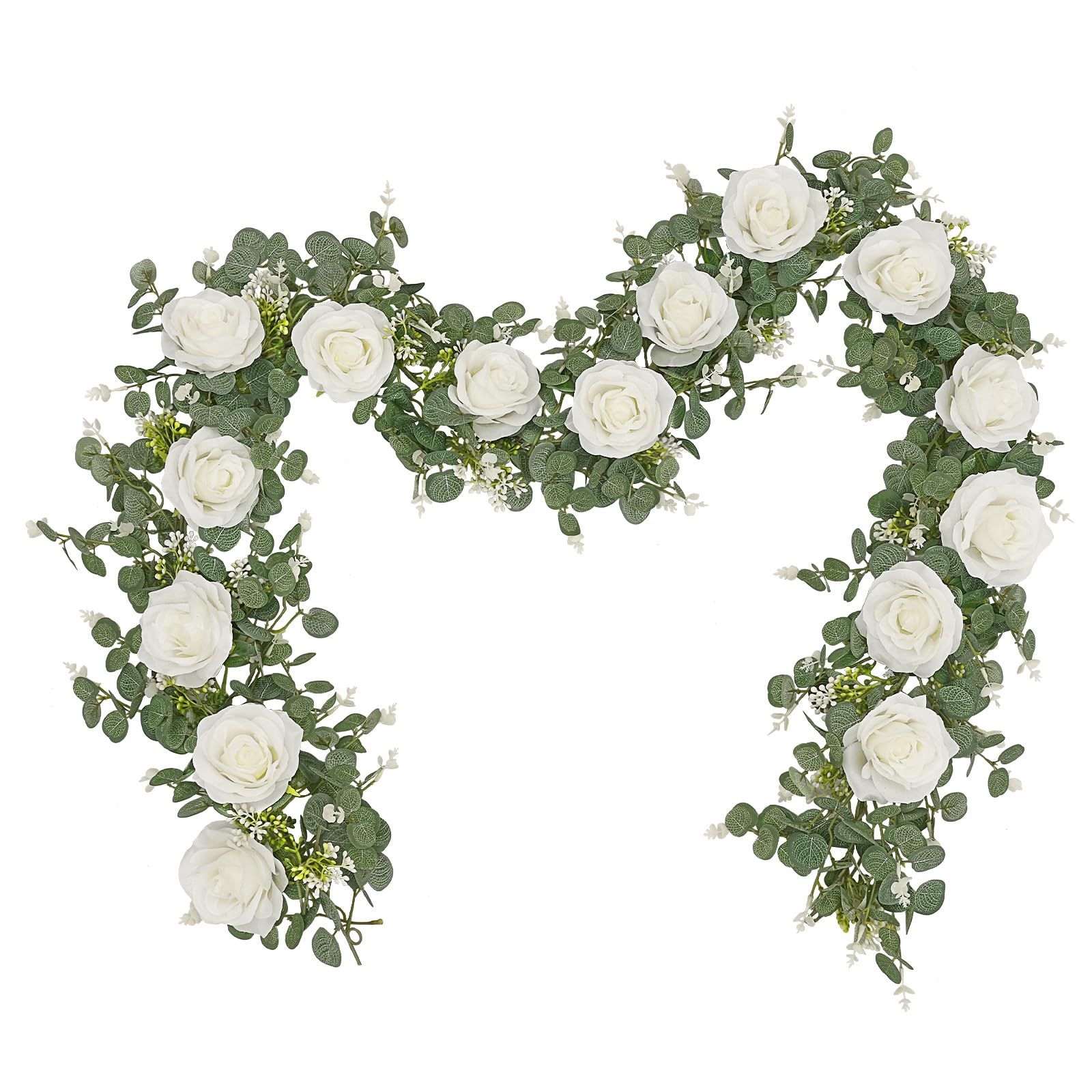 2 Packs 175cn  Eucalyptus Garland with Flowers - 6White Roses, Artificial Flower Fake Rose Vine Faux Greenery for Wedding Backdrop Arch Table Wall Party Home Decor, Grey Green - Image 1