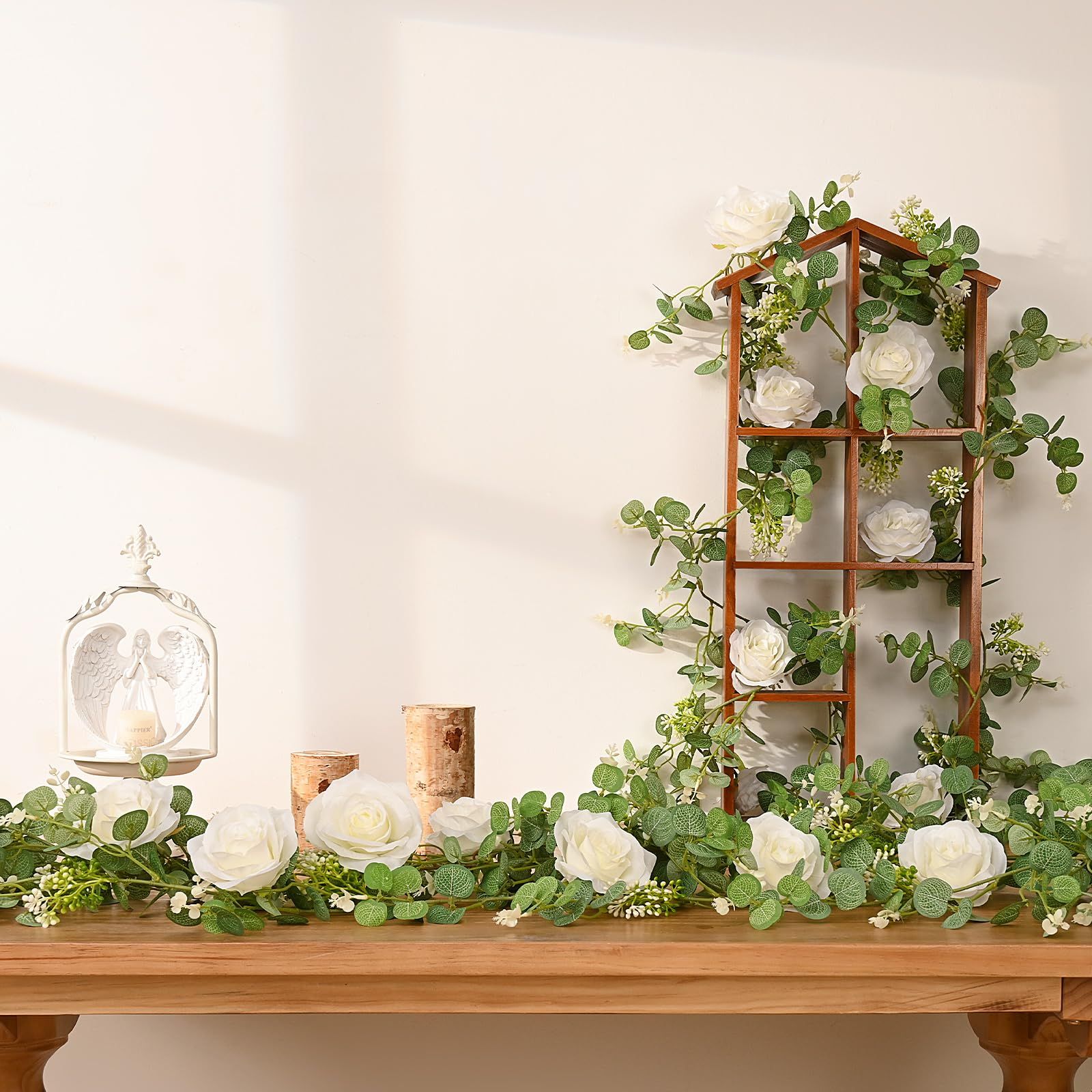 2 Packs 175cn  Eucalyptus Garland with Flowers - 6White Roses, Artificial Flower Fake Rose Vine Faux Greenery for Wedding Backdrop Arch Table Wall Party Home Decor, Grey Green - Image 2