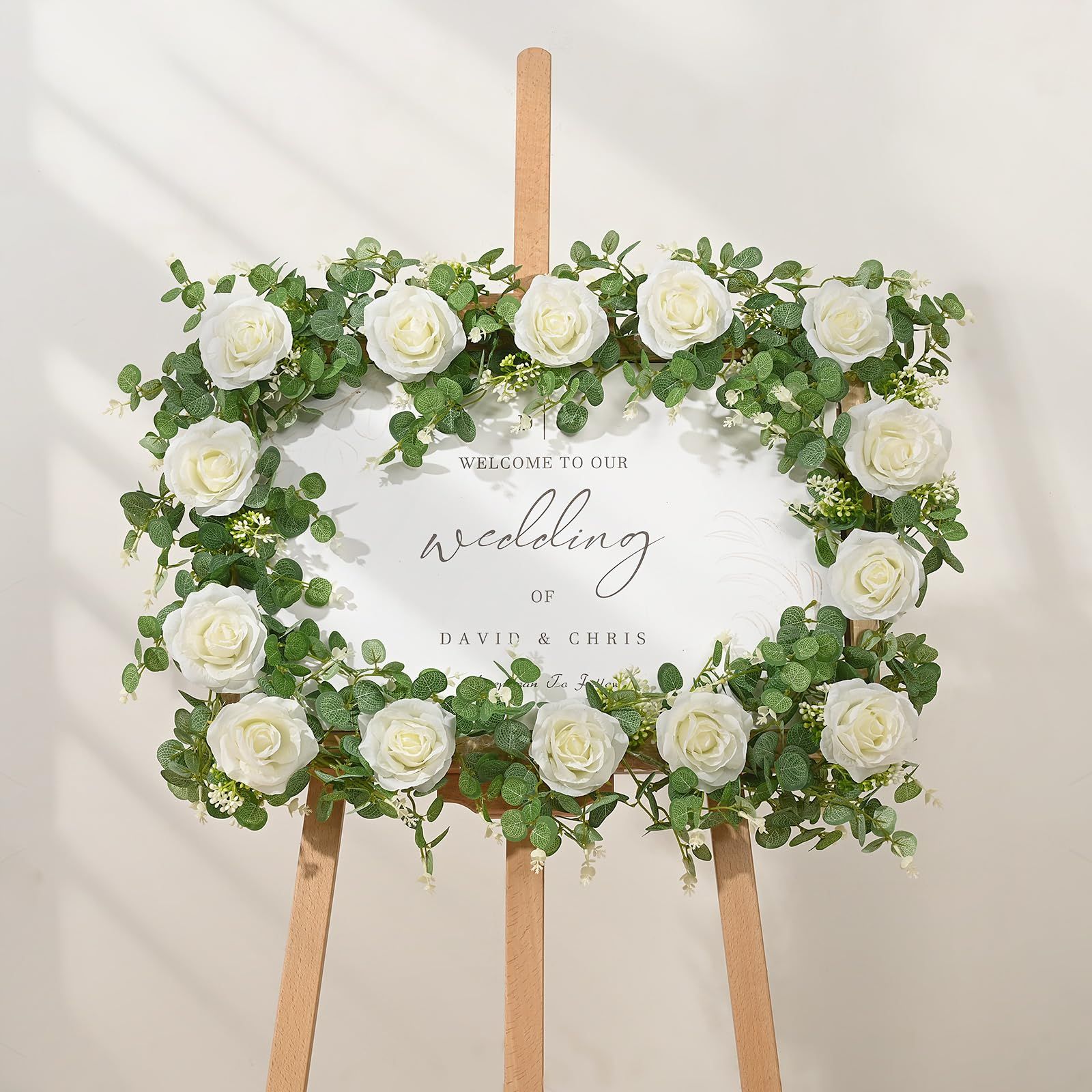 2 Packs 175cn  Eucalyptus Garland with Flowers - 6White Roses, Artificial Flower Fake Rose Vine Faux Greenery for Wedding Backdrop Arch Table Wall Party Home Decor, Grey Green - Image 3