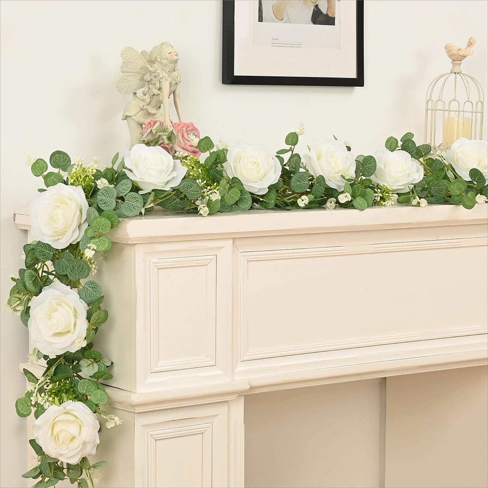 2 Packs 175cn  Eucalyptus Garland with Flowers - 6White Roses, Artificial Flower Fake Rose Vine Faux Greenery for Wedding Backdrop Arch Table Wall Party Home Decor, Grey Green - Image 4