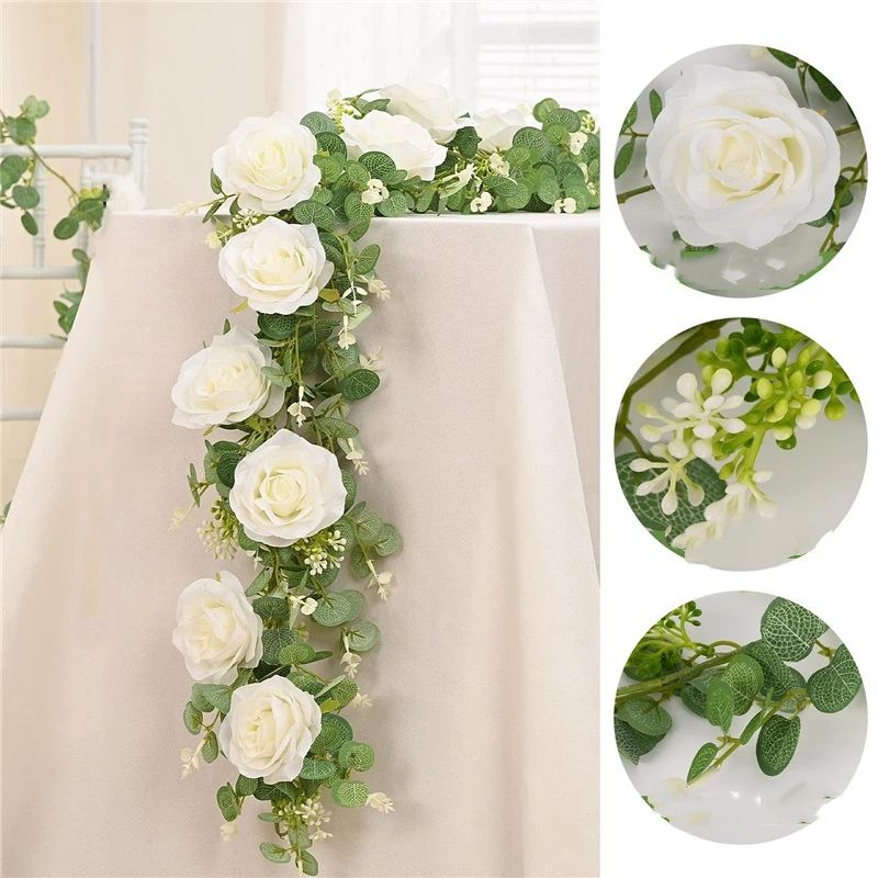 2 Packs 175cn  Eucalyptus Garland with Flowers - 6White Roses, Artificial Flower Fake Rose Vine Faux Greenery for Wedding Backdrop Arch Table Wall Party Home Decor, Grey Green - Image 5