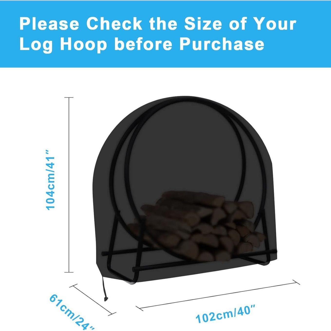 Firewood Log Rack Cover, Outdoor Waterproof Log Hoop Cover, Windproof Dry Wood Pile Holder Storage Tarp Heavy Duty UV Resistant Sun Snow Rain  4 Seasons Black（102x61x104cm） - Image 5