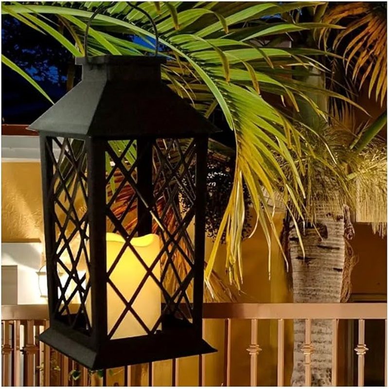 Solar Outdoor Lantern, Garden Hanging Waterproof Lanterns PVC Upgrade 3 LED Flickering Flameless Candle Decorative for Garden Women Mom Grandma Halloween Gifts (Grid Candle) - Image 2