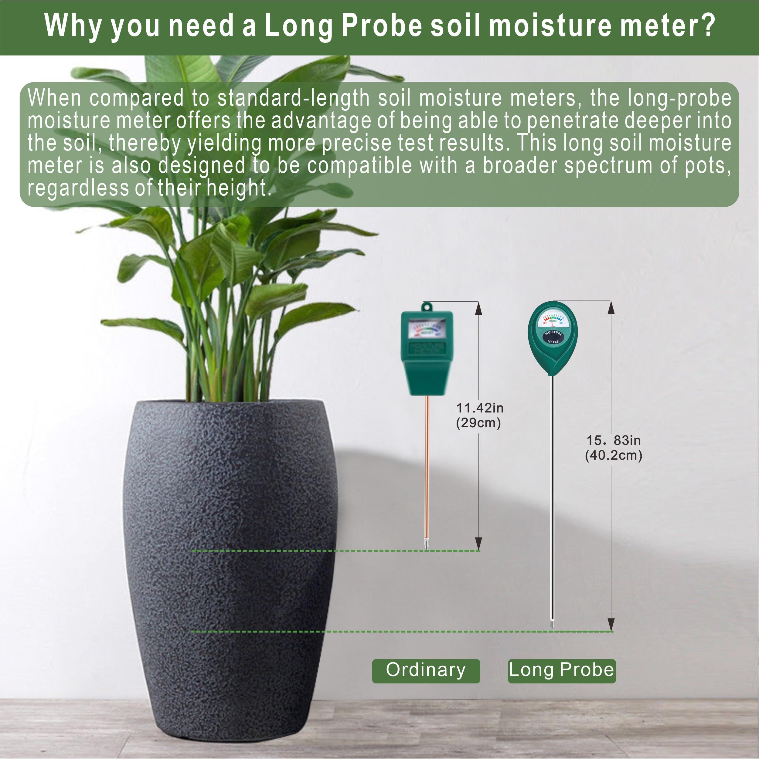Long Probe Deep Use Soil Moisture Meter, Water Monitor Indicator Sensor, Hygrometer for Outdoor Indoor Large Pot Plants, Flower, Gardening, Farming，dark green 26cm long - Image 4