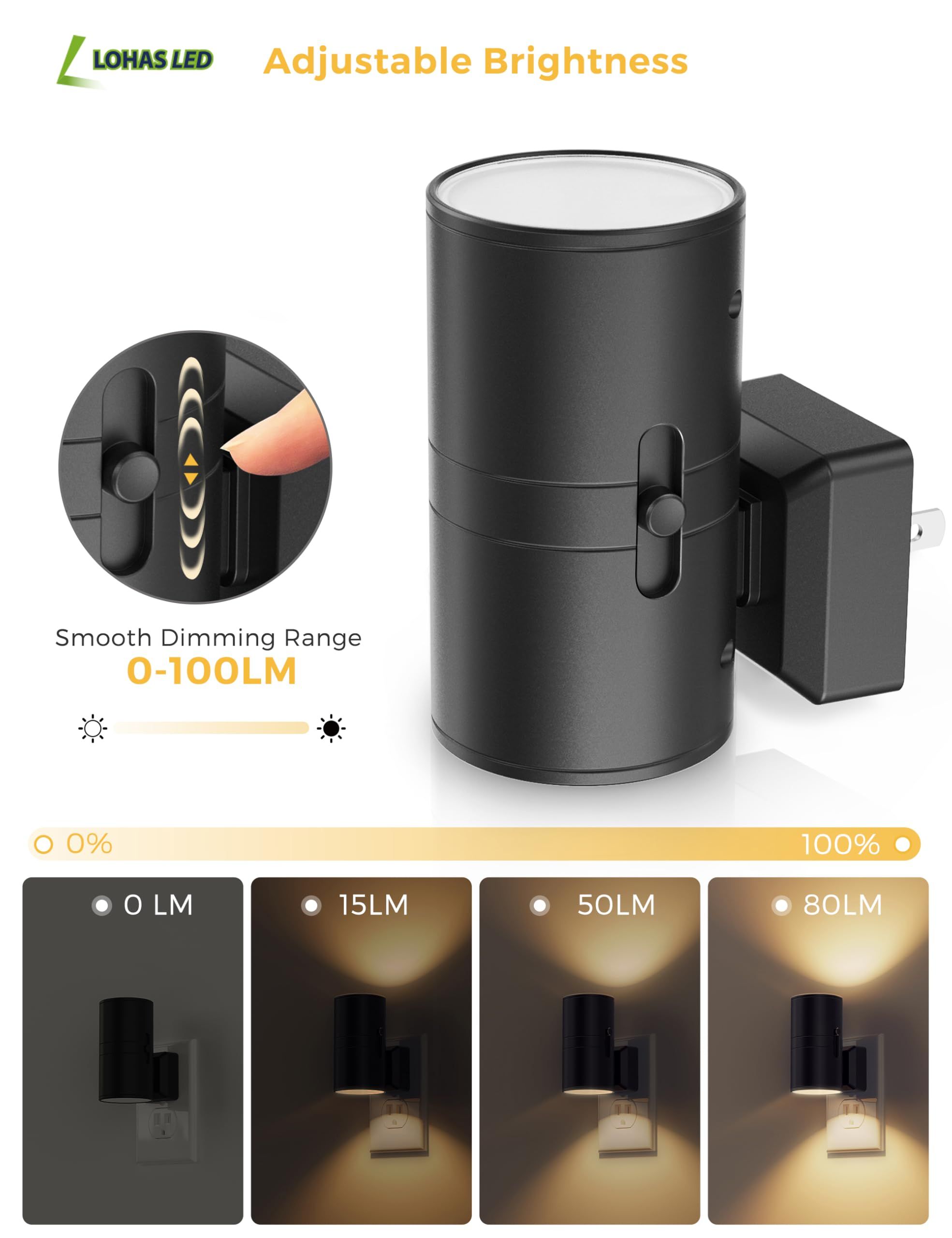 Night Lights Plug into Wall, Dimmable Night Light Plug in, Modern Night Lights with Dusk to Dawn Light Sensor, Soft White 3000K, Adjustable Brightness Nightlight for Hallway Bedroom, 2 Pack，4.8*8.8cm - Image 3