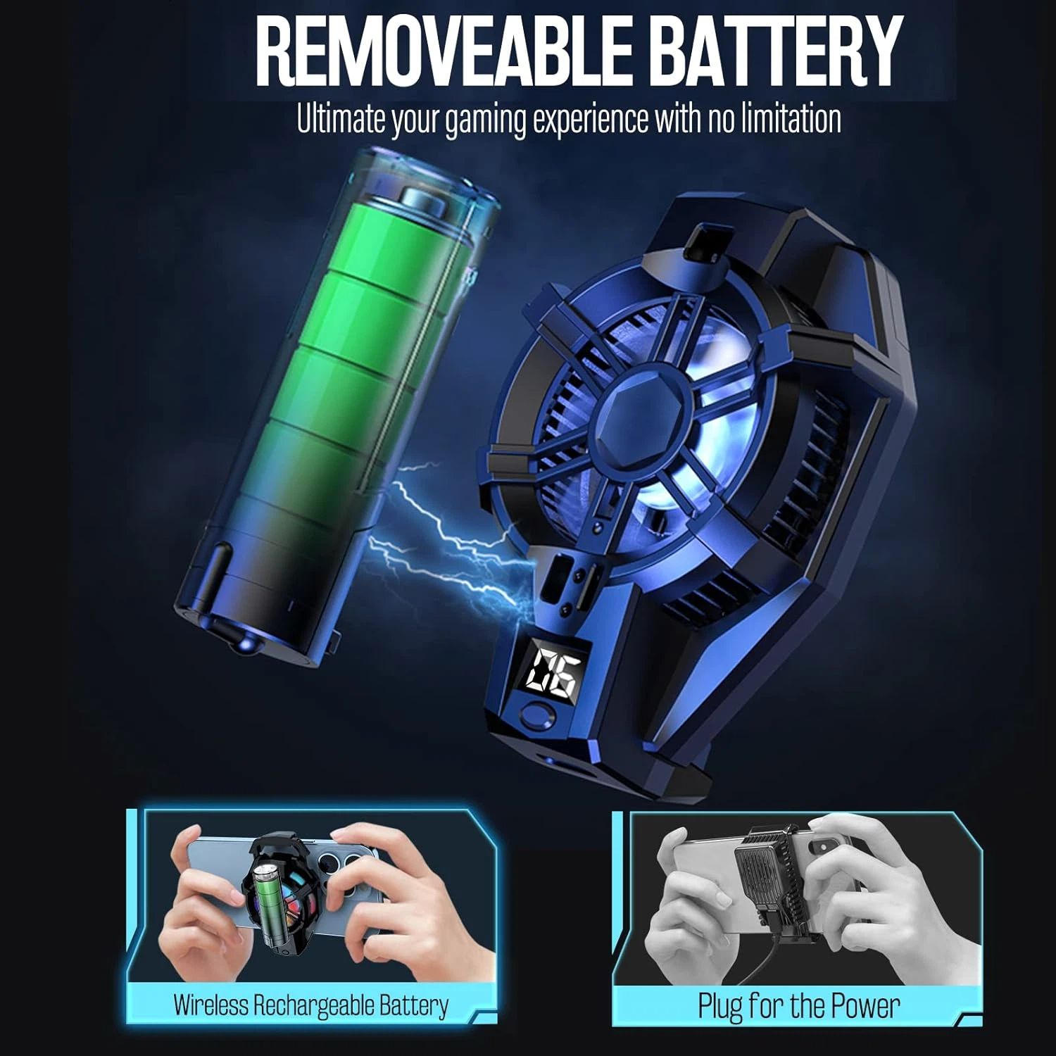 Phone Cooler with Battery, Phone Cooling Fan for Gaming Fit All Types of iPhone Android Smartphones, Mobile Phone Radiator with LED Temperature Display/Universal Clamp - Image 3