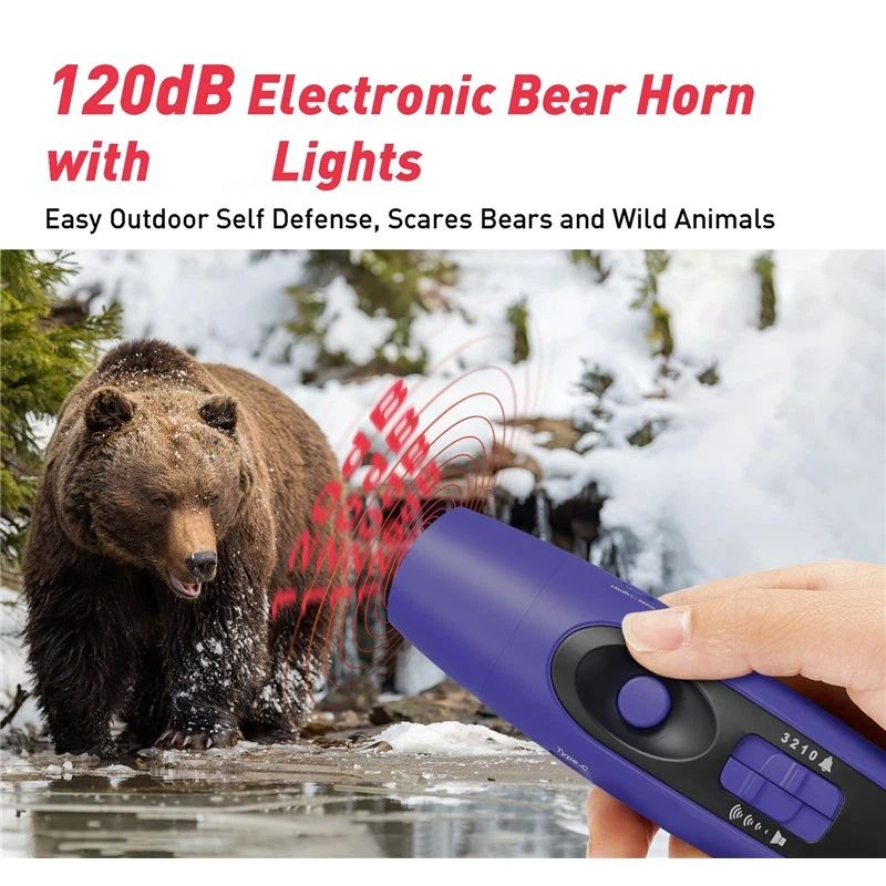 Rechargeable Bear Horn - Electronic Air Horn for Bears with 4 Volume Levels & 3 Tones,  Safety Light for Hiking, Camping, Wildlife Defense (Blue，14*3.8*3.85cm) - Image 3