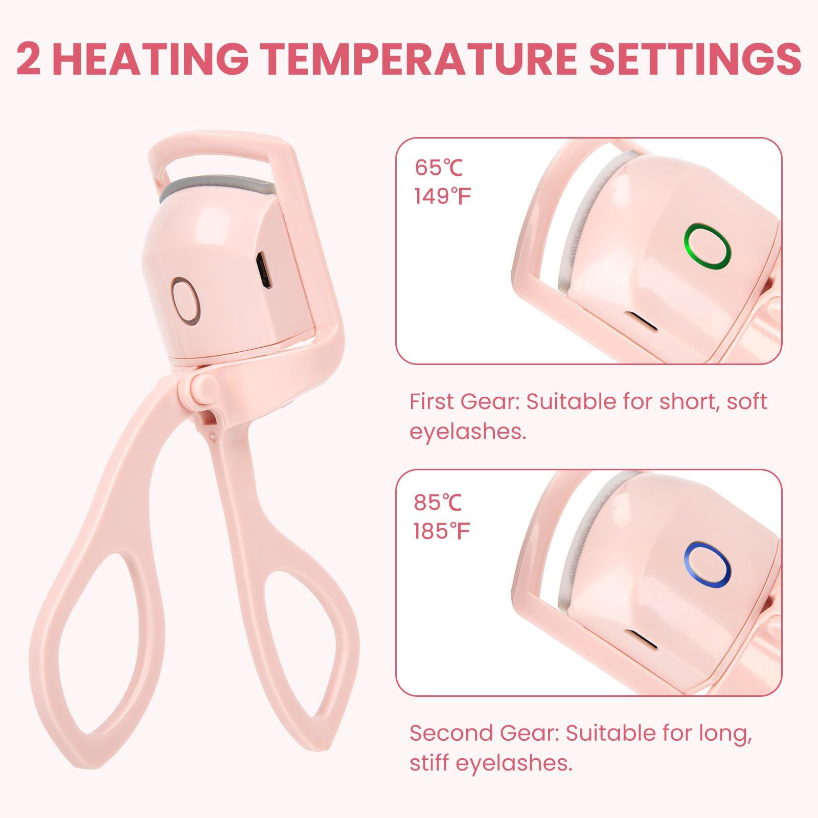 Electric Heated Eyelash Curler for Women – USB Rechargeable Heated Lash Curler with Quick Heat-Up, Multi-Temp Settings, 24H Natural Curl, Anti-Scald Silicone, Portable Makeup Tool, Pink - Image 2