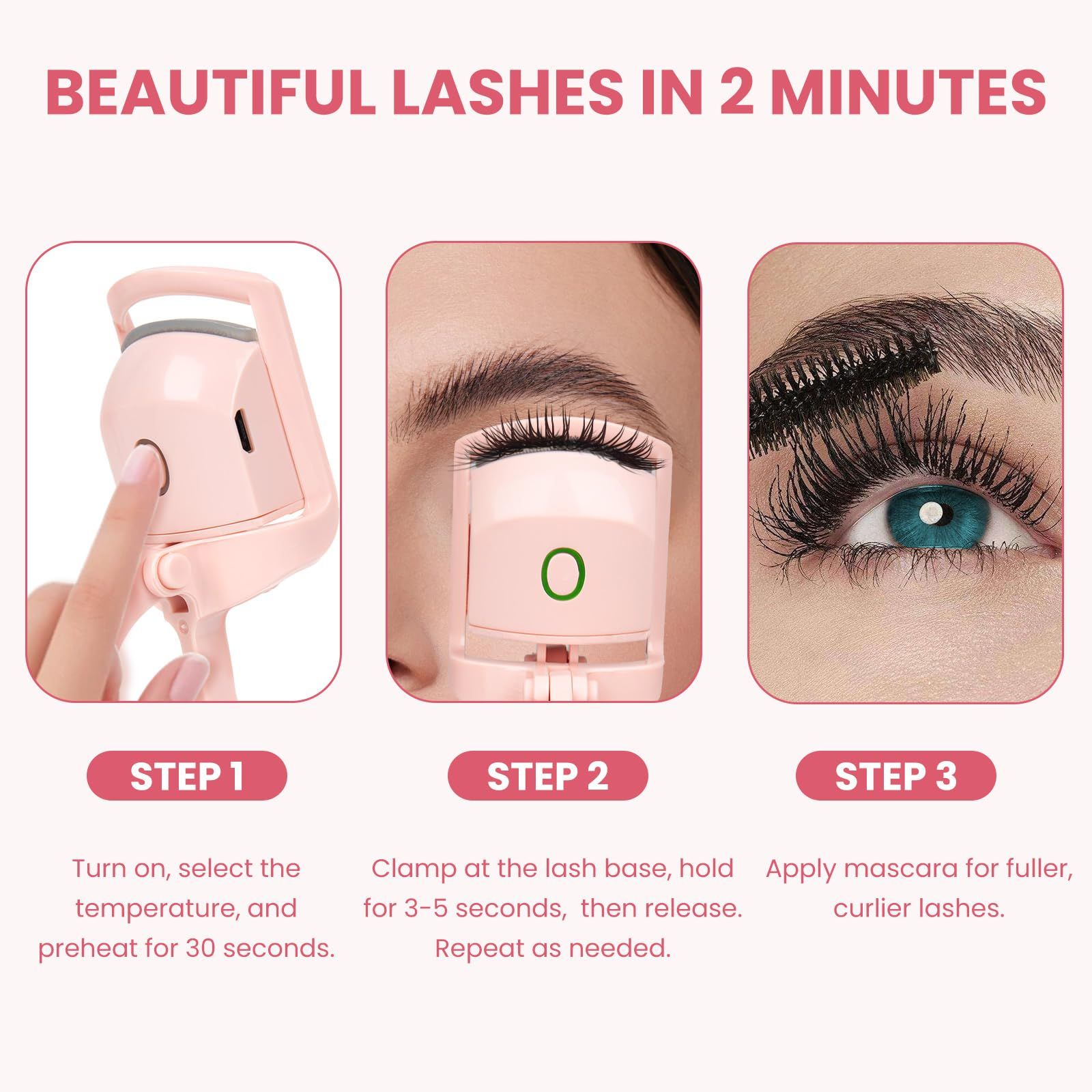 Electric Heated Eyelash Curler for Women – USB Rechargeable Heated Lash Curler with Quick Heat-Up, Multi-Temp Settings, 24H Natural Curl, Anti-Scald Silicone, Portable Makeup Tool, Pink - Image 4