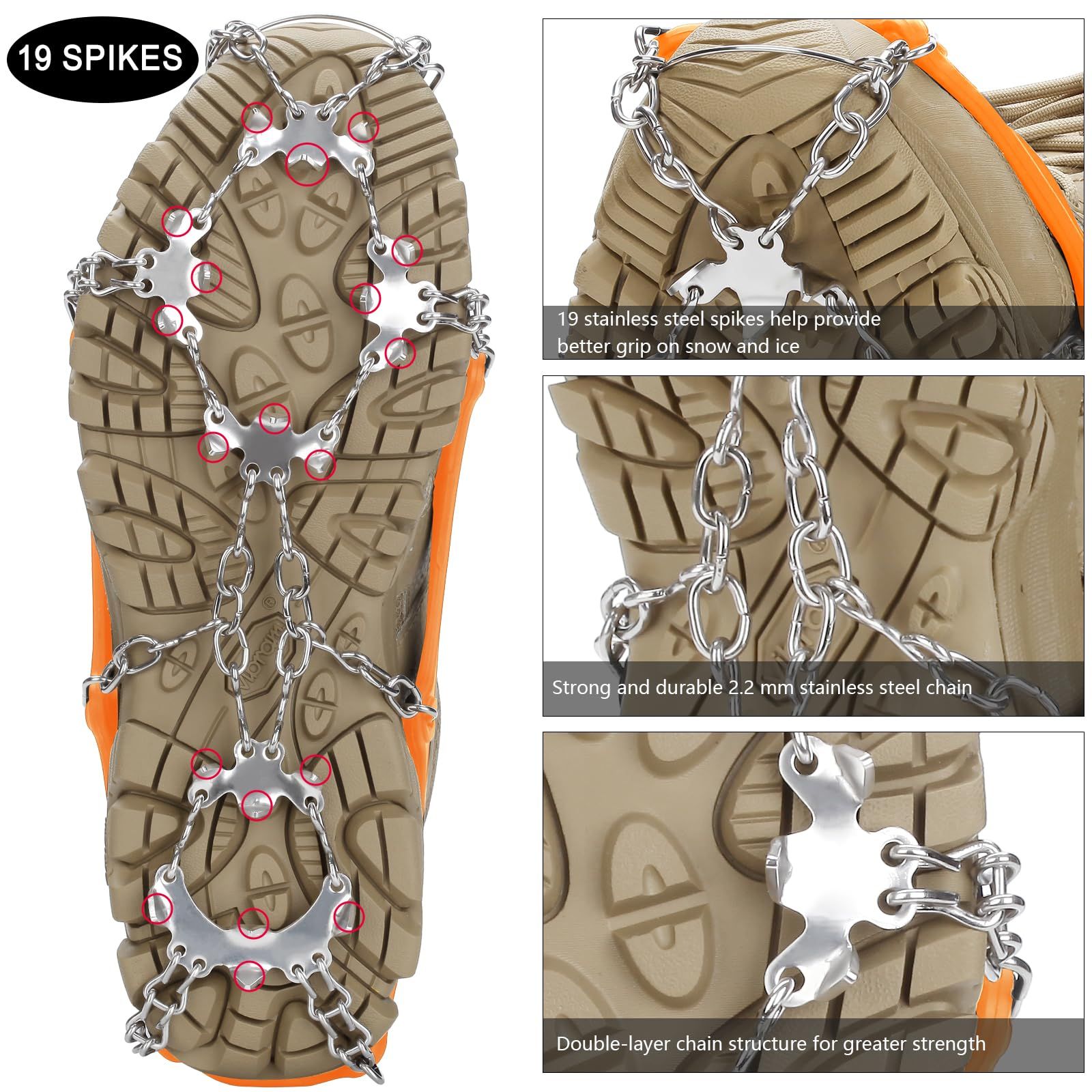 19 Spikes with Stainless Steel Chain Ice Snow Grips Traction Cleats System Safe Protect for Walking, Jogging, Climbing, Hiking on Snow and Ice, Boots Chains for Women Men（L） - Image 4
