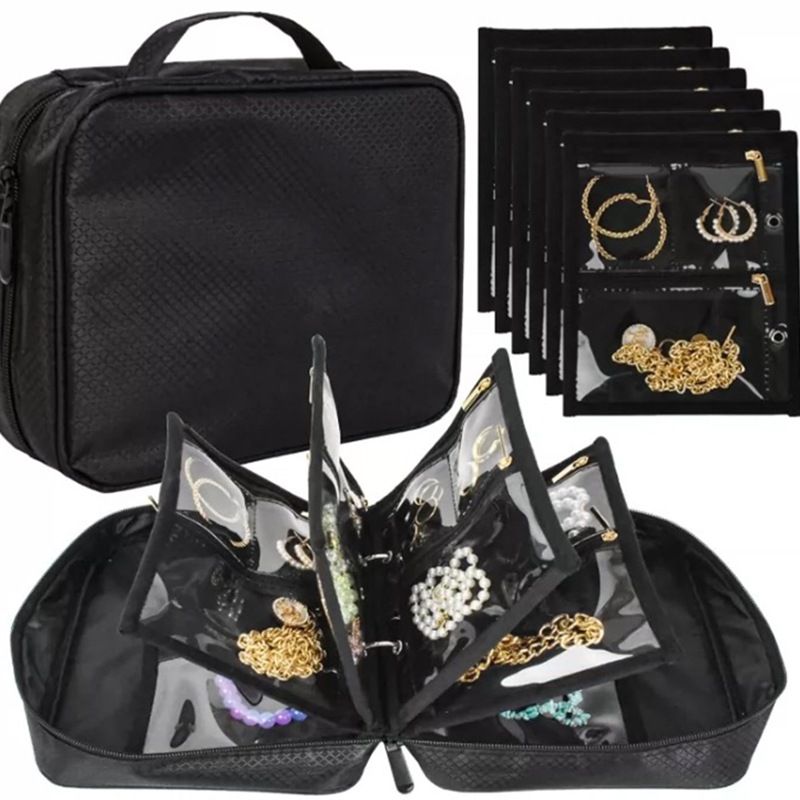 Travel Jewelry Organizer Case,Jewelry Bags for Traveling, Jewelry Binder with6Pcs Clear Zipper Velvet Pouches for Storing Earrings, Ring(Black，20*25*8cm) - Image 1