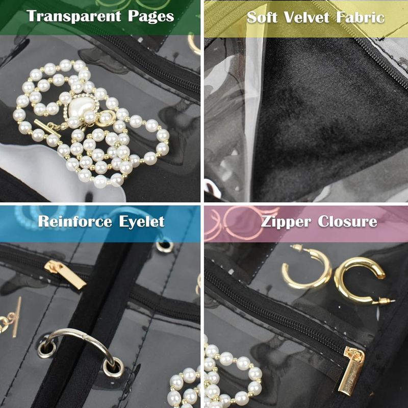 Travel Jewelry Organizer Case,Jewelry Bags for Traveling, Jewelry Binder with6Pcs Clear Zipper Velvet Pouches for Storing Earrings, Ring(Black，20*25*8cm) - Image 2
