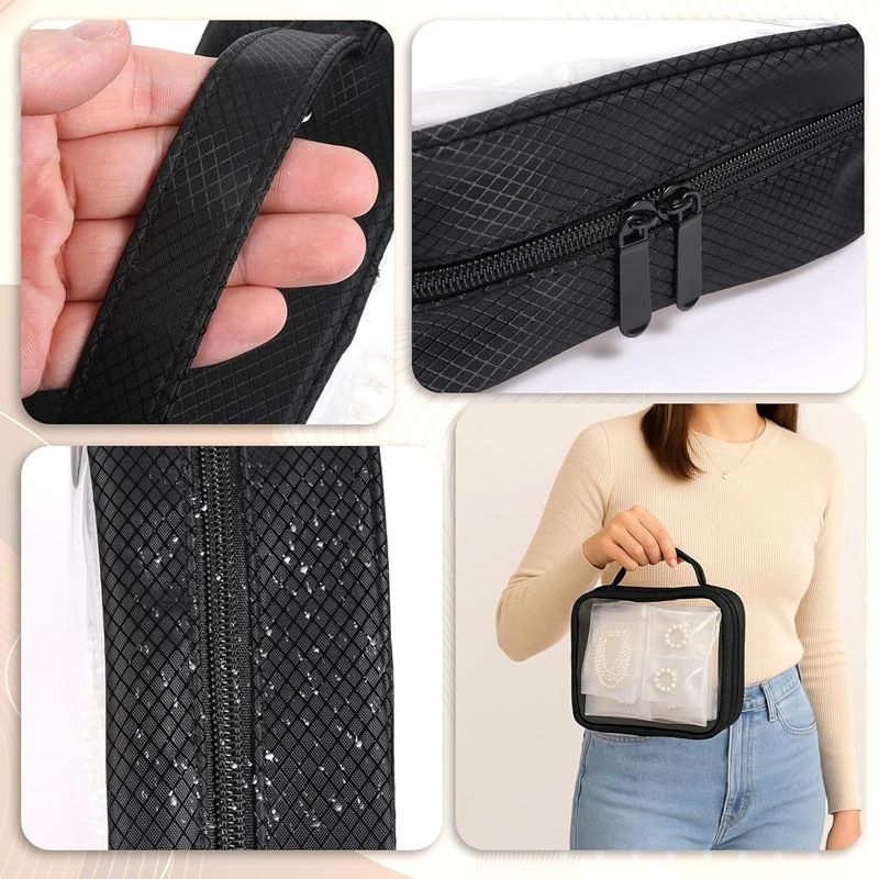 Travel Jewelry Organizer Case,Jewelry Bags for Traveling, Jewelry Binder with6Pcs Clear Zipper Velvet Pouches for Storing Earrings, Ring(Black，20*25*8cm) - Image 4