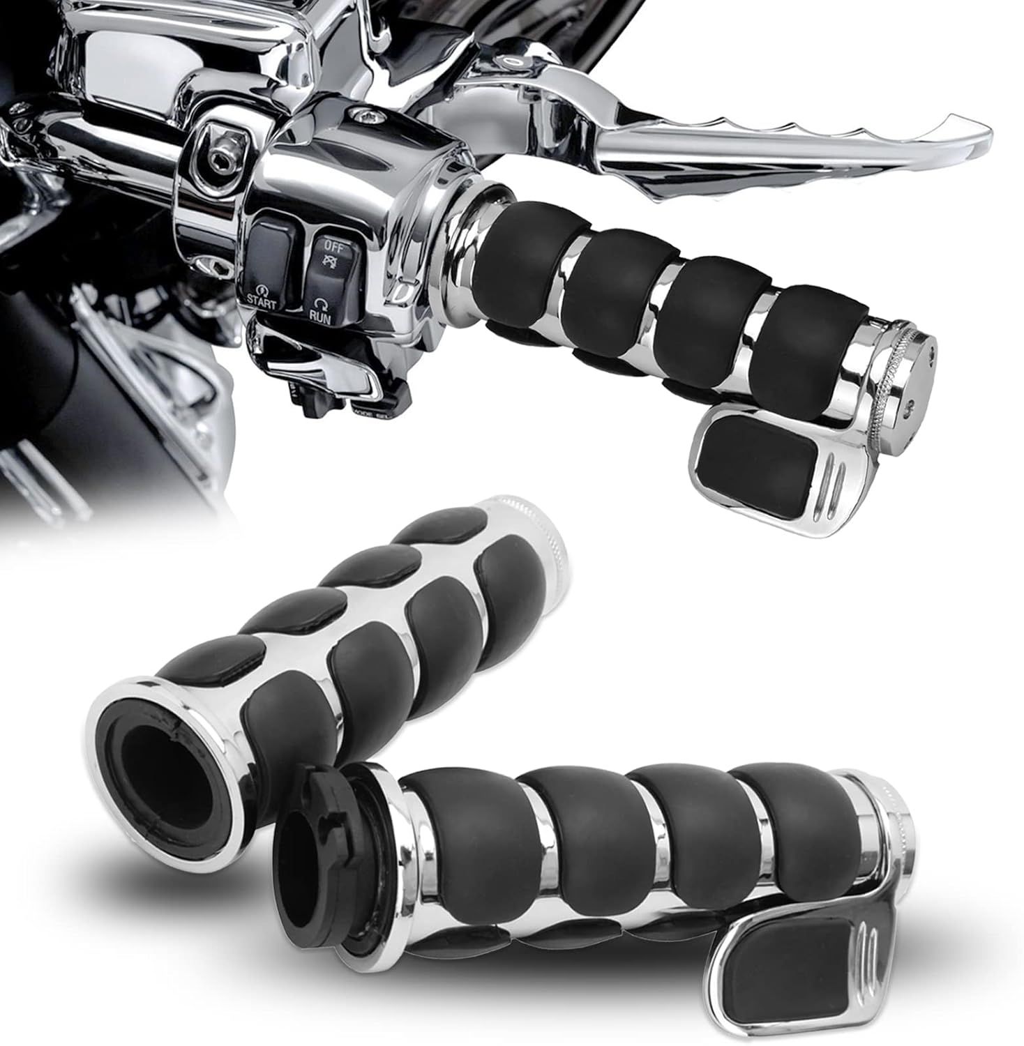 2.5cm Motorcycle Handlebar Hand Grips w/Throttle Compatible Street Bike Dirt Bike Cruiser and Chopper (Sliver Flat Angle) - Image 1
