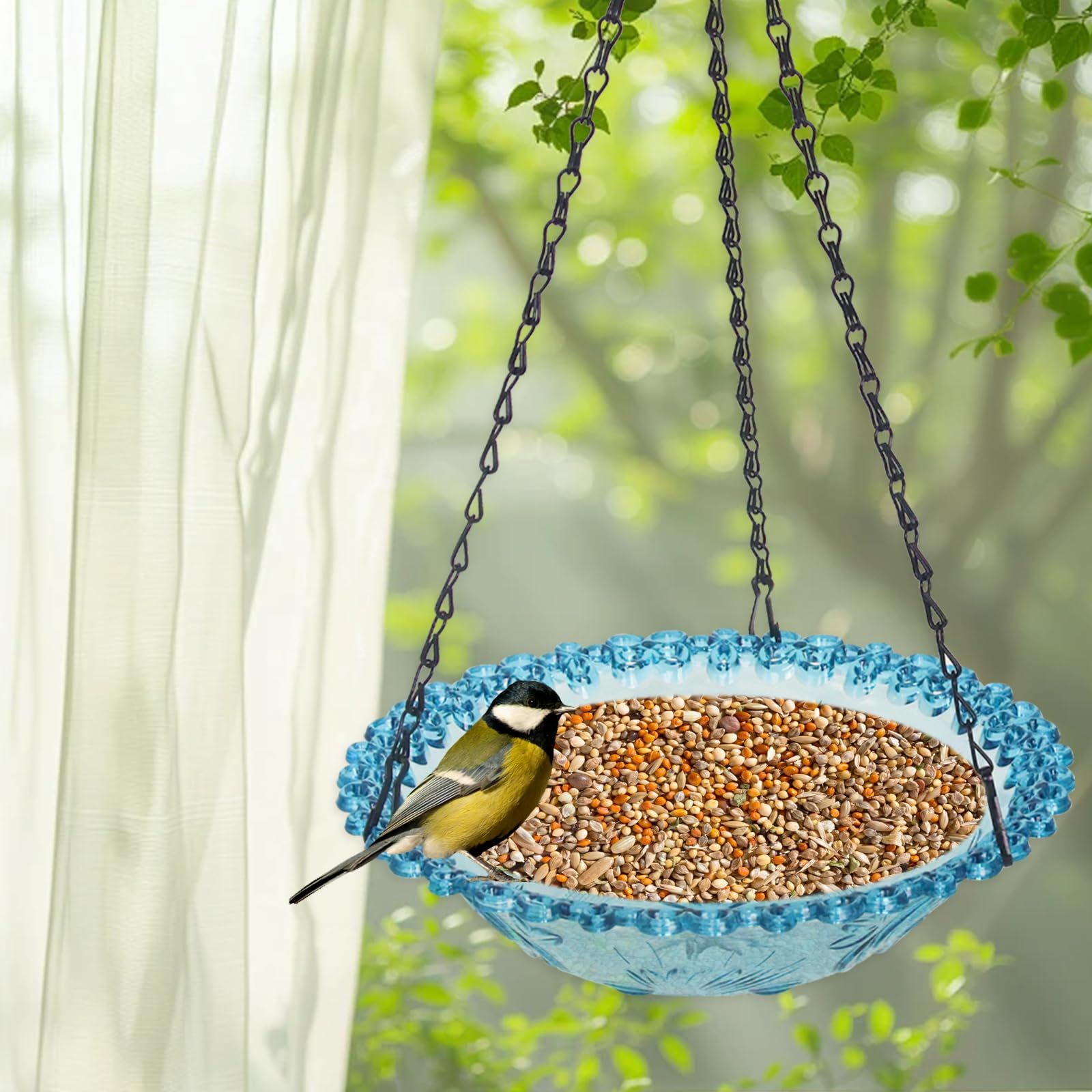 Bird Bath Hanging Seed Feeder Garden Plate Hanging Tray for Wild Backyard Attracting Birds (Blue- single layer) - Image 2
