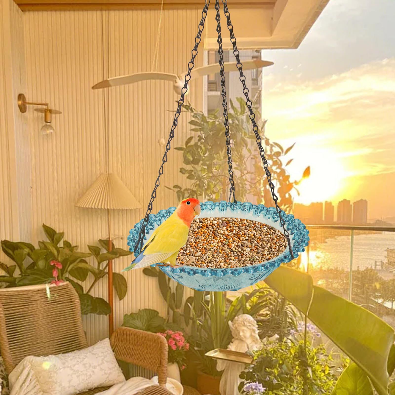 Bird Bath Hanging Seed Feeder Garden Plate Hanging Tray for Wild Backyard Attracting Birds (Blue- single layer) - Image 3