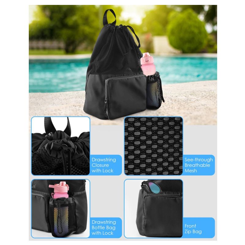 Swim Bag Beach Backpack with Wet Pocket Mesh Drawstring Bags for Swimming, Gym(Expand size 40 * 47cm,black) - Image 2