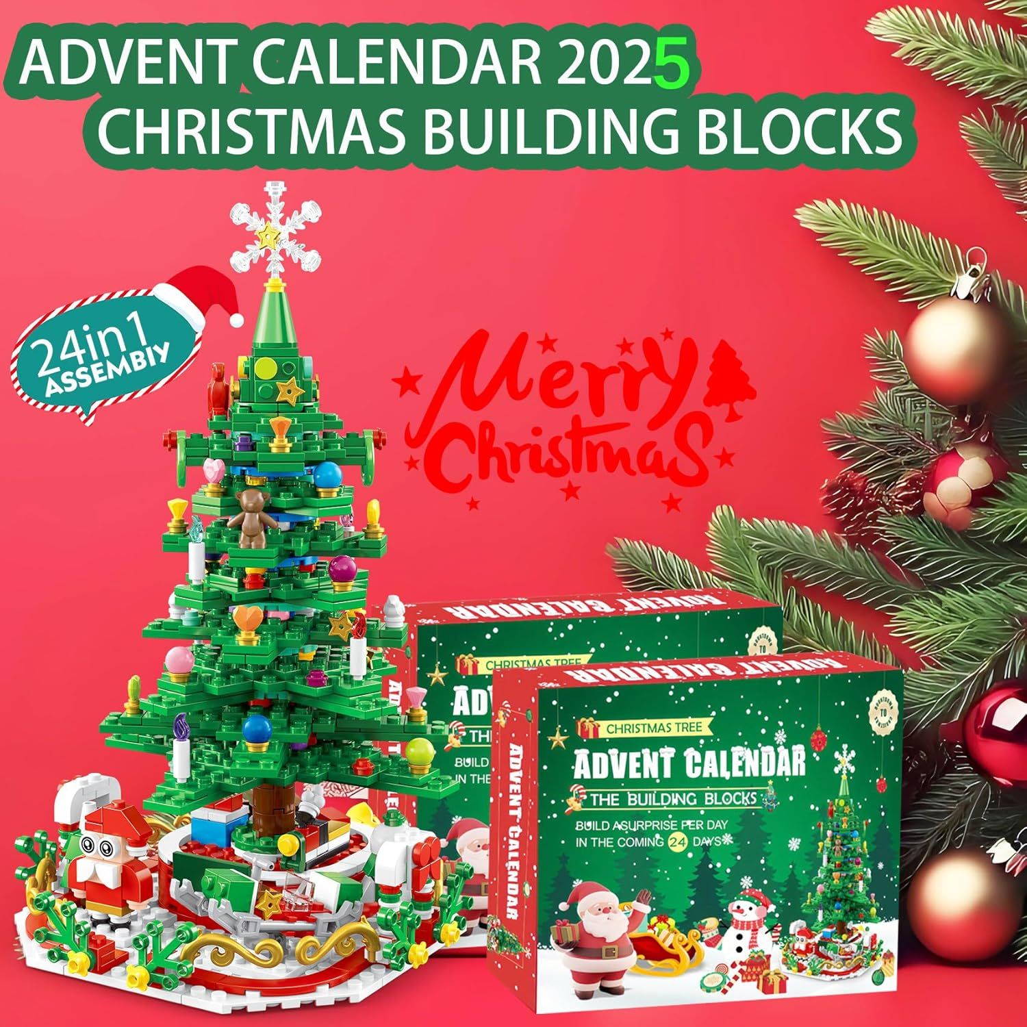 Advent Calendar Christmas Tree Building Blocks Toy Set with Warm light,24 Days Countdown Calendar Blocks for Christmas Tree,24 in 1 Vacation Advent Calendar Blocks,Christmas Gift for Kid Adult - Image 3