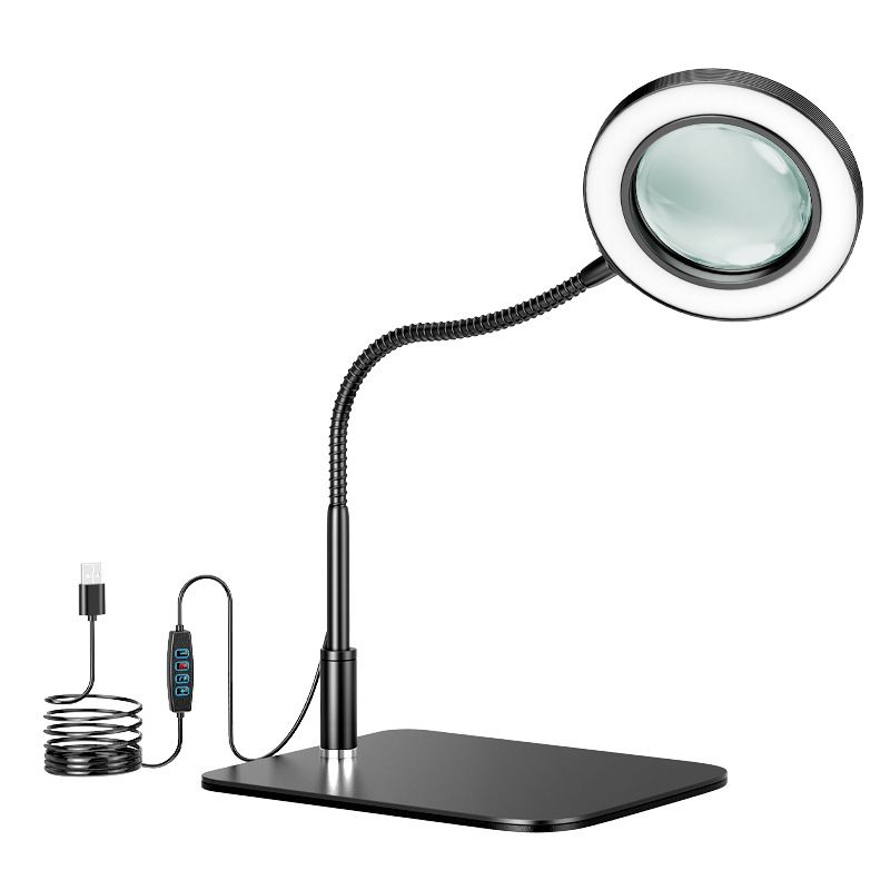 10X Desk Magnifying Glass with Light and Stand, Large Magnifying Lamp Magnifying Light for Crafts Hands Free, Upgrated Head Button Reading Magnifier for Books Sewing - Image 1
