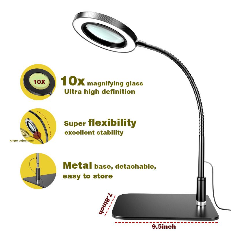 10X Desk Magnifying Glass with Light and Stand, Large Magnifying Lamp Magnifying Light for Crafts Hands Free, Upgrated Head Button Reading Magnifier for Books Sewing - Image 2