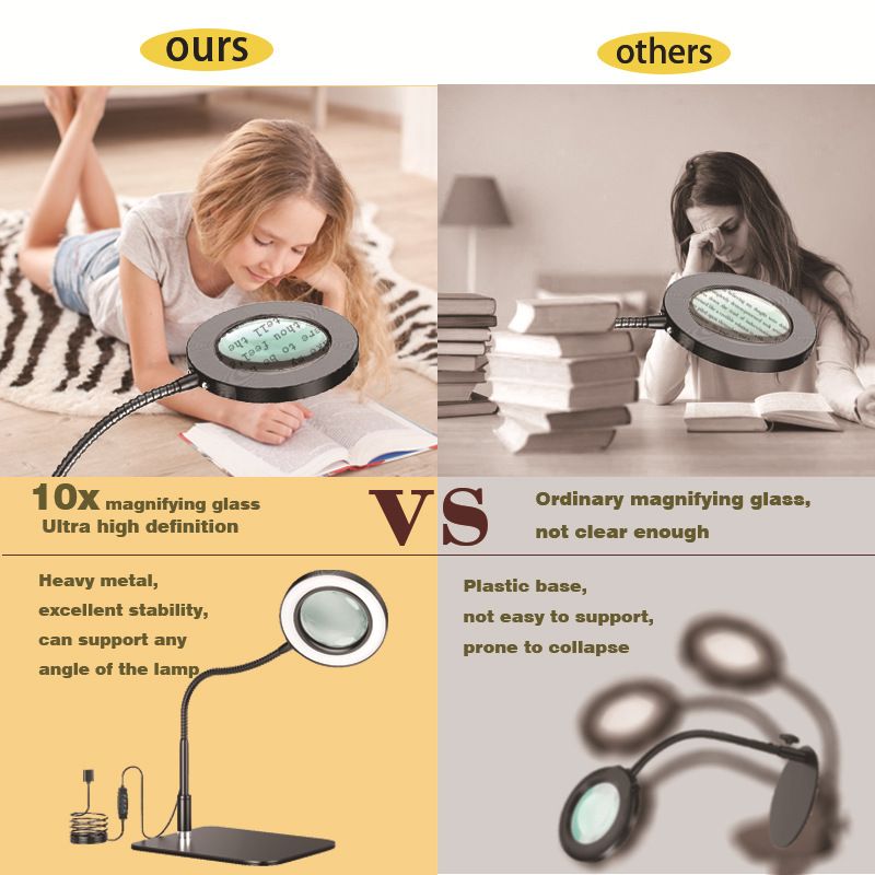 10X Desk Magnifying Glass with Light and Stand, Large Magnifying Lamp Magnifying Light for Crafts Hands Free, Upgrated Head Button Reading Magnifier for Books Sewing - Image 4