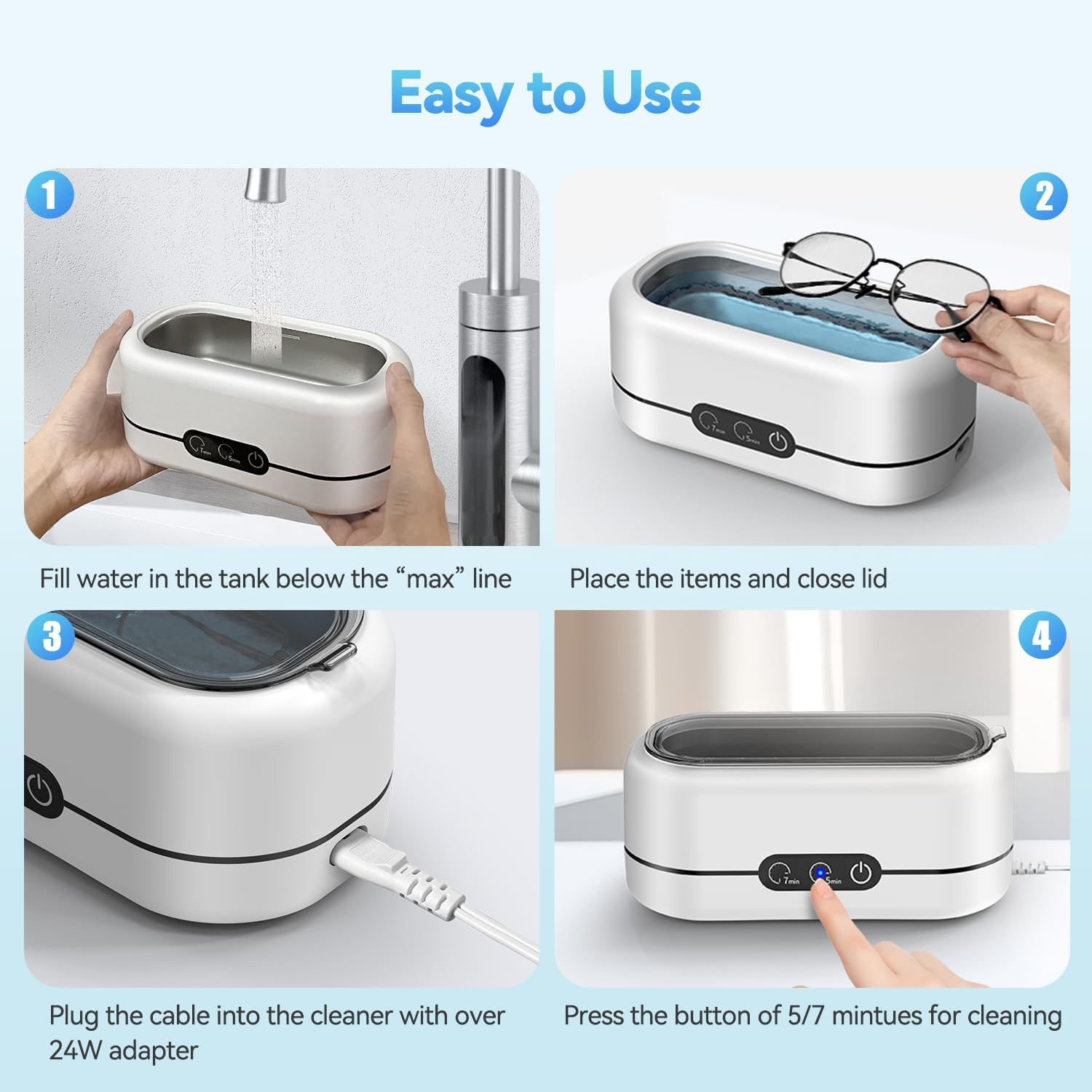 Ultrasonic Jewelry Cleaner, 48KHz Ultrasonic Cleaner Machine for Jewelry, Eyeglasses, Rings, Watch Strap, Dentures- Dual Cleaning Modes, 304 Stainless Steel Tank - Image 3
