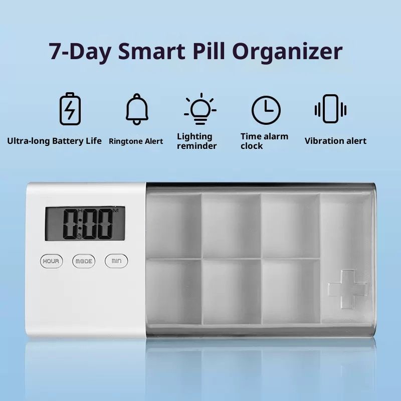Portable Pill Organizer with Sound Flashing Light and Vibration Alarm, Weekly Pill Dispenser, Countdown Timer, Pill Box Large Capacity Medicine Organizer - Image 1