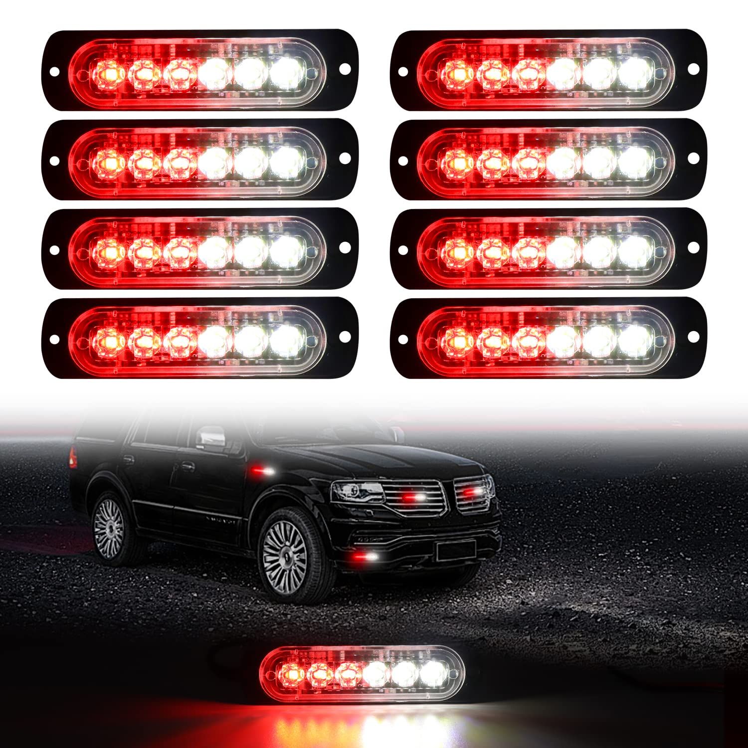 LED Emergency Strobe Lights, 8x Red White 6 LED Strobe Warning Emergency Flashing Light Caution Construction Hazard Light Bar For Car Truck Van Off Road Vehicle Surface Mount - Image 1