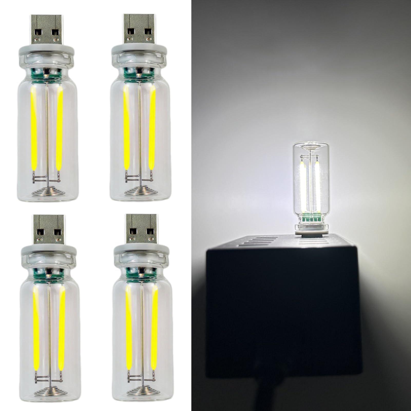 4 PCS Car USB Lights, Plug-in Retro Car Atmosphere Lamp with Touch Dimmable, Portable Mini Glass Bottle LED Bulb Night Lights for Vehicle Bedroom Hallway Camping Holiday Decoration (white) - Image 1