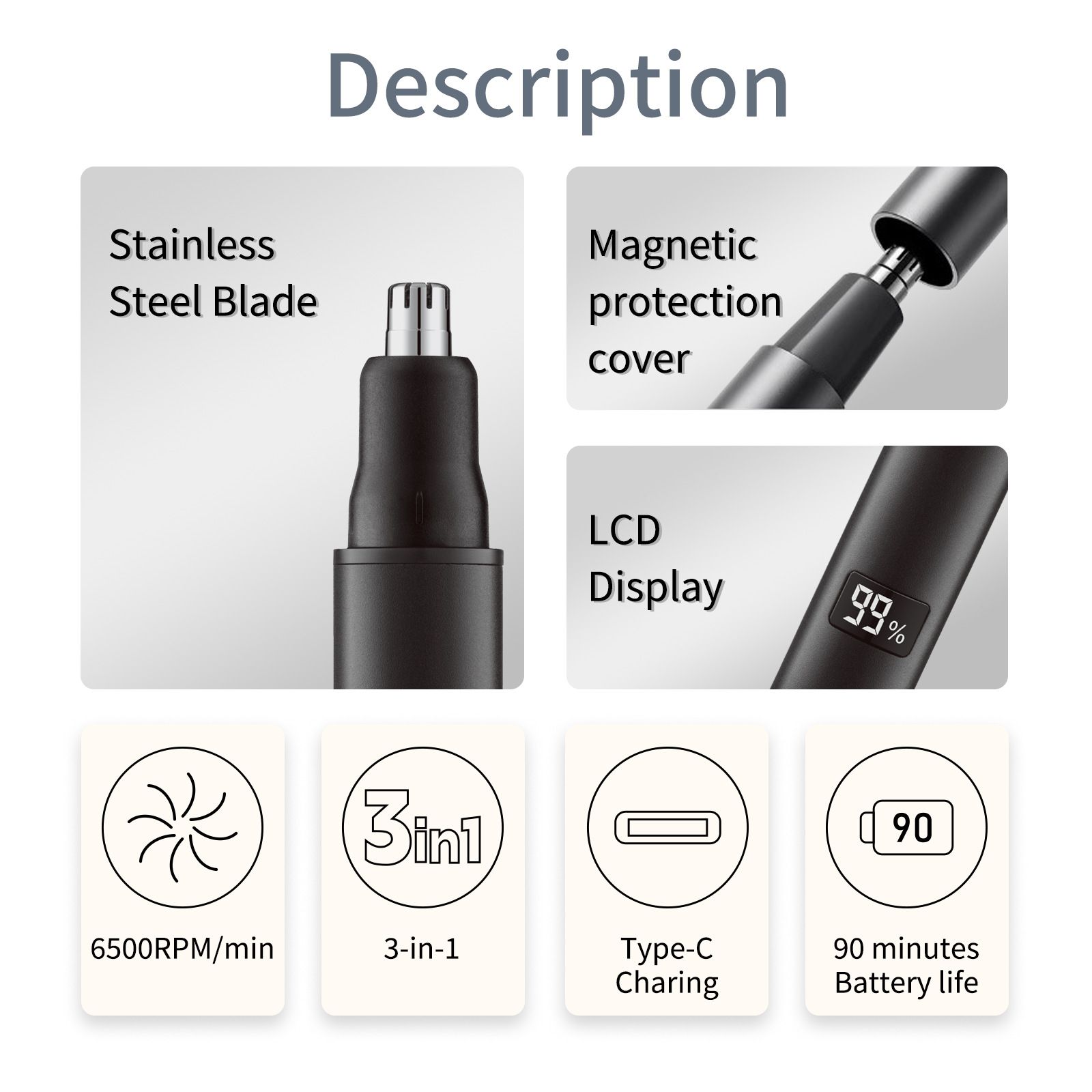 Nose and Ear Hair Trimmer for Men - Rechargeable Eyebrow Face Shaver - Nasal Hair Clippers 3 in 1 Painless Eye Brow Facial Hair Beard Razor for Sideburns Dual-edge - Image 2