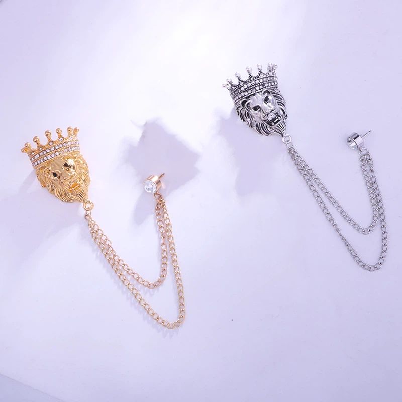 2 pack Vintage Men Crowned Lion King With Stone Hanging Chain Brooch Pins Lapel Pin, Suit Coat for Women Accessories - Image 1