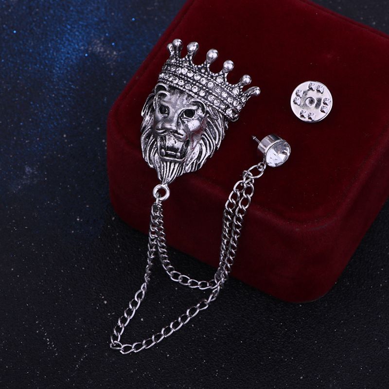 2 pack Vintage Men Crowned Lion King With Stone Hanging Chain Brooch Pins Lapel Pin, Suit Coat for Women Accessories - Image 2