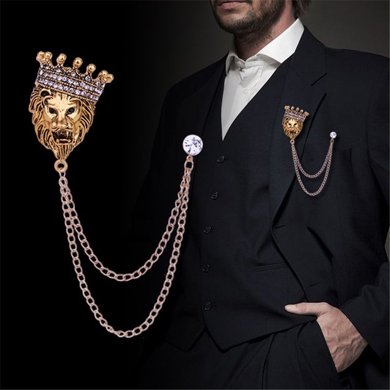 2 pack Vintage Men Crowned Lion King With Stone Hanging Chain Brooch Pins Lapel Pin, Suit Coat for Women Accessories - Image 3