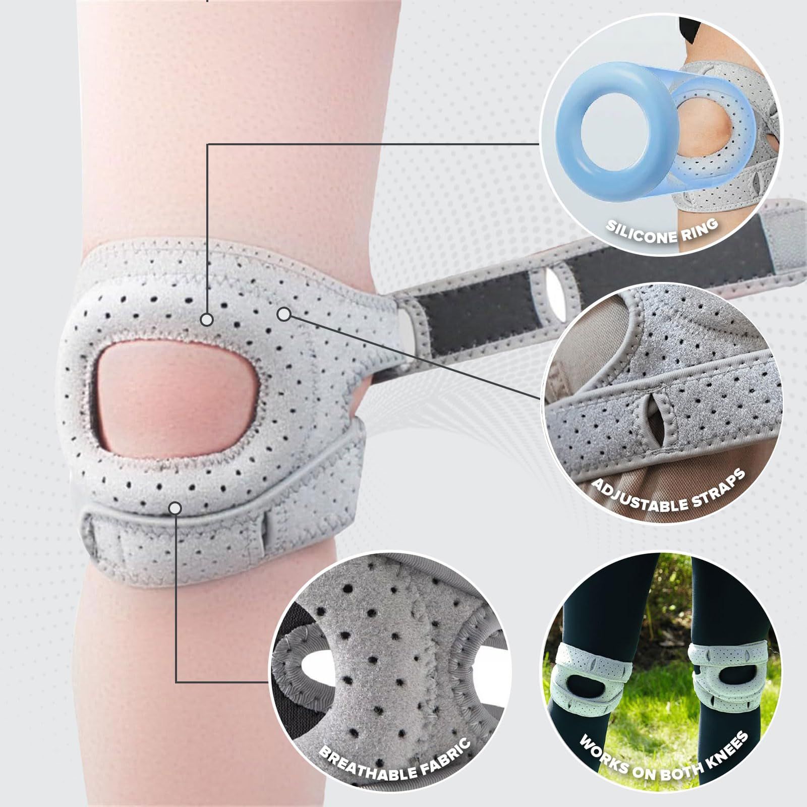 Knee Brace,a pair Knee Brace for Women Men,Pain Relief Adjustable Patellar Tendon Support Sleeves Brace Knee Joint Strap for Hiking,Tennis,Arthritis,Running,Football,Injury Recover(Grey,L) - Image 3