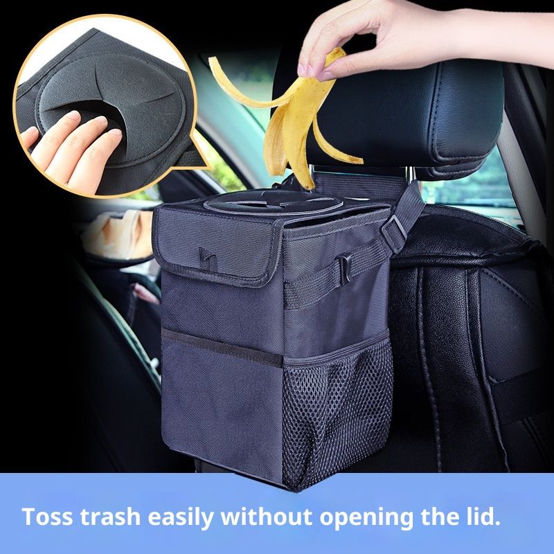 Car Garbage can with lid Leak Proof Vehicle Trash Can Storage Pockets Hanging Waterproof car Trash Bag for SUV Black - Image 3