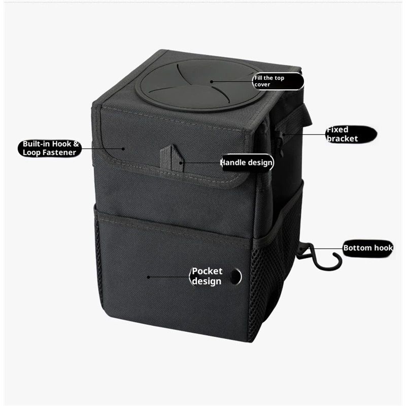 Car Garbage can with lid Leak Proof Vehicle Trash Can Storage Pockets Hanging Waterproof car Trash Bag for SUV Black - Image 4