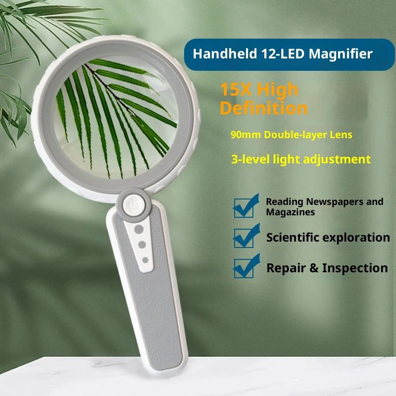 15X Magnifying Glass with Light,  Large Handheld Magnifier, USB Rechargeable for Low Vision Seniors with Macular Degeneration, Reading, Jewelry, Coins - Grey - Image 2