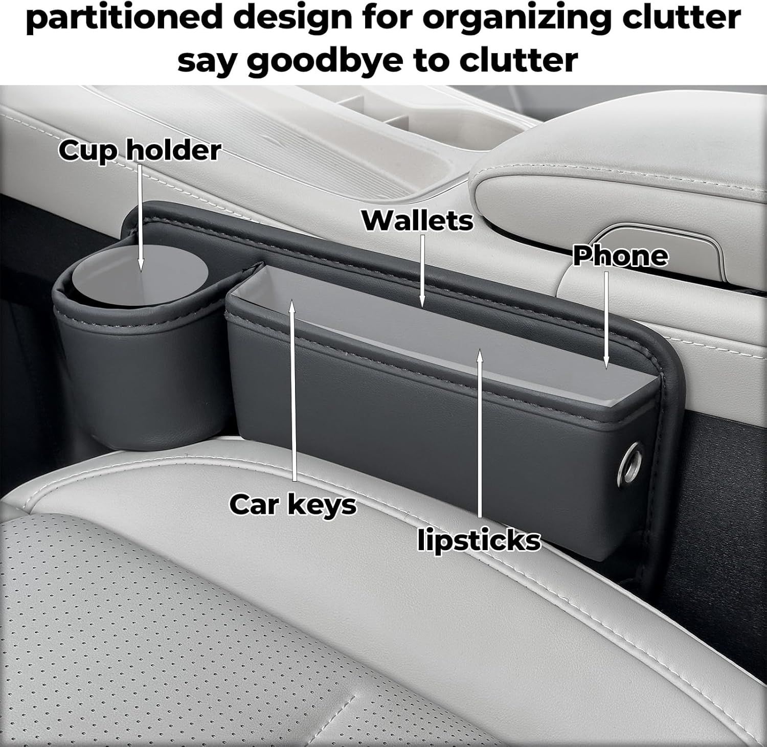 2-Pack Car Seat Gap Filler Organizer with Cup Holder - Premium Leather - Universal Fit - Keeps Cans/Phone/Keys/Wallets Organized(Black) - Image 3