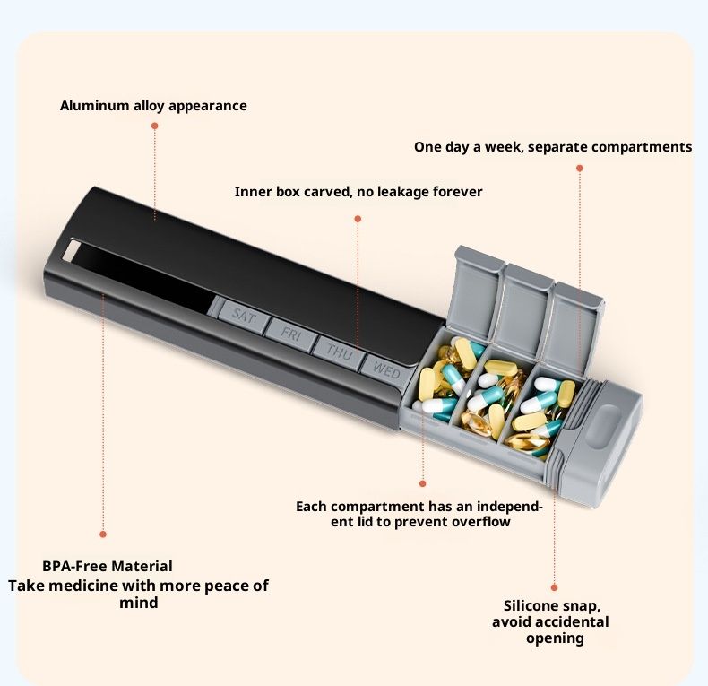 7 Day Weekly Pill Organizer Premium Stylish Aluminum Large Capacity Pill Box for Supplements, Pills, Vitamins and Medication - Image 4