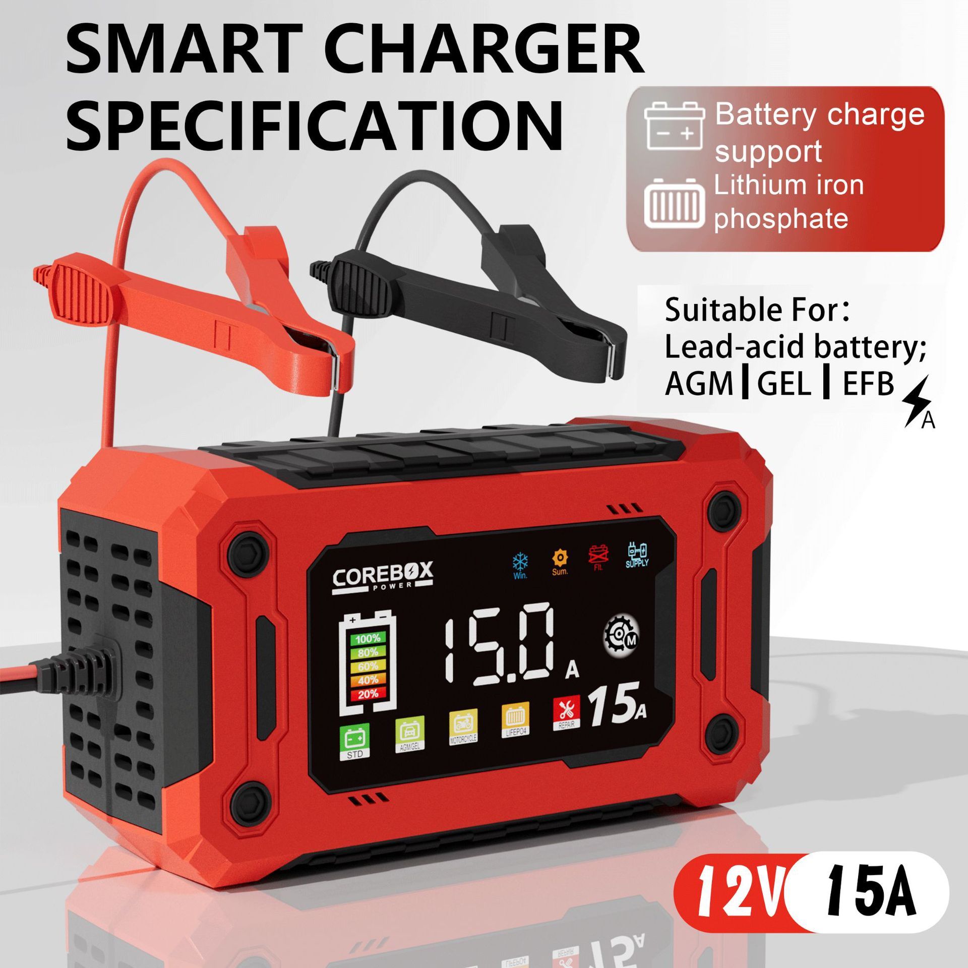 15-Amp Battery Charger, 12V  Lithium iron phosphate battery Car Battery Charger Trickle Charger Smart Battery Maintainer w/Temp Compensation for Car Truck Lawn Mower Boat Marine - Image 2