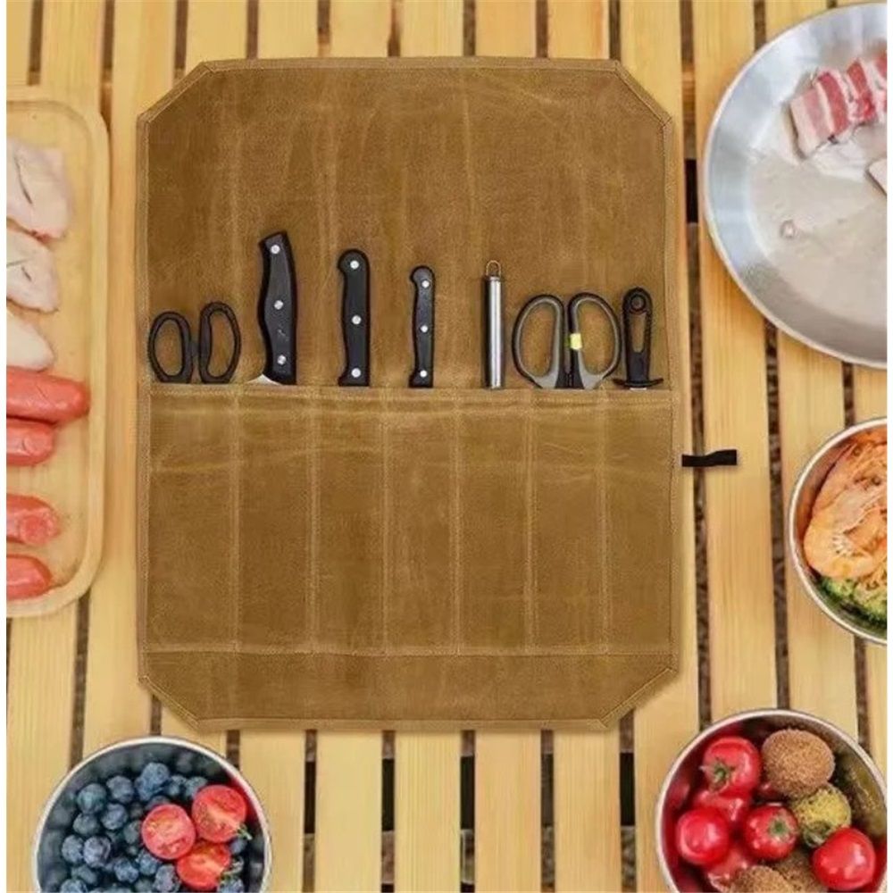 Chef’s Knife Roll Case, Waxed Canvas Cutlery Knives Holders Protectors, Home Kitchen Cooking Tools And Utensils Wrap Bag Wallet,  Travel Tool Roll Pouch  Khaki (Bag Only) - Image 3