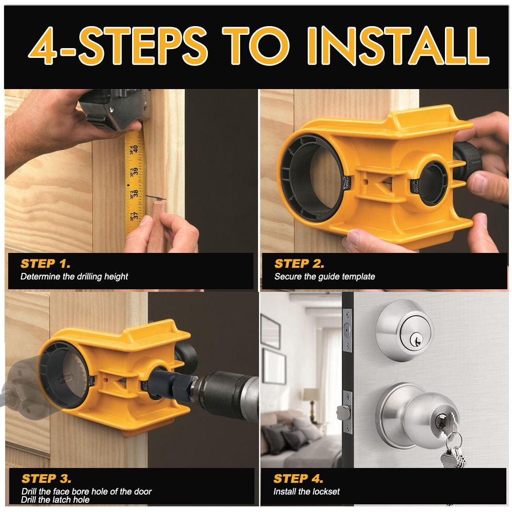 Door Lock Installation Kit,  For Metal or Wood Doors, 2 Adjustable Bushings, Easy Installation  with Hole Saw & Anti-Warp Backing Plates (Yellow) - Image 4