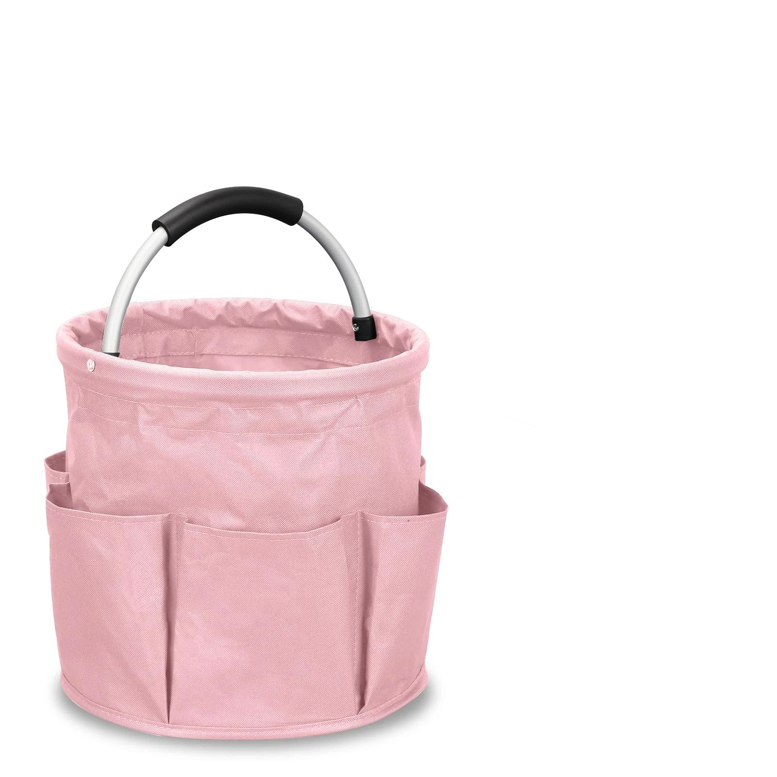 17L portable shower bucket with 6 side pockets, foldable cleaning cart with handle, multifunctional storage basket for showering and picnicking, pink - Image 1