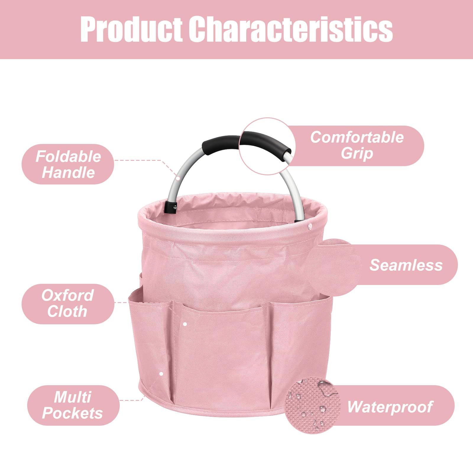 17L portable shower bucket with 6 side pockets, foldable cleaning cart with handle, multifunctional storage basket for showering and picnicking, pink - Image 2