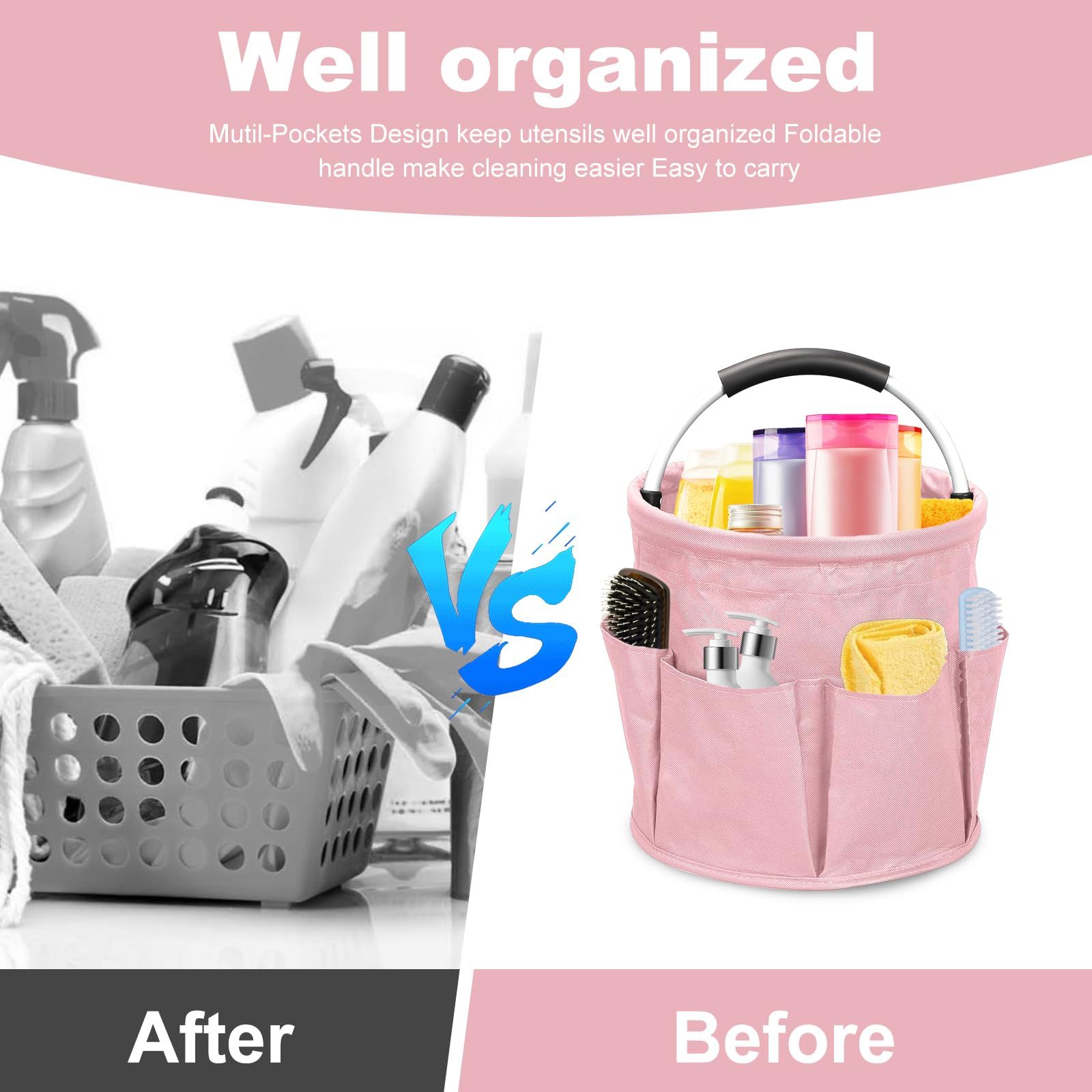 17L portable shower bucket with 6 side pockets, foldable cleaning cart with handle, multifunctional storage basket for showering and picnicking, pink - Image 3